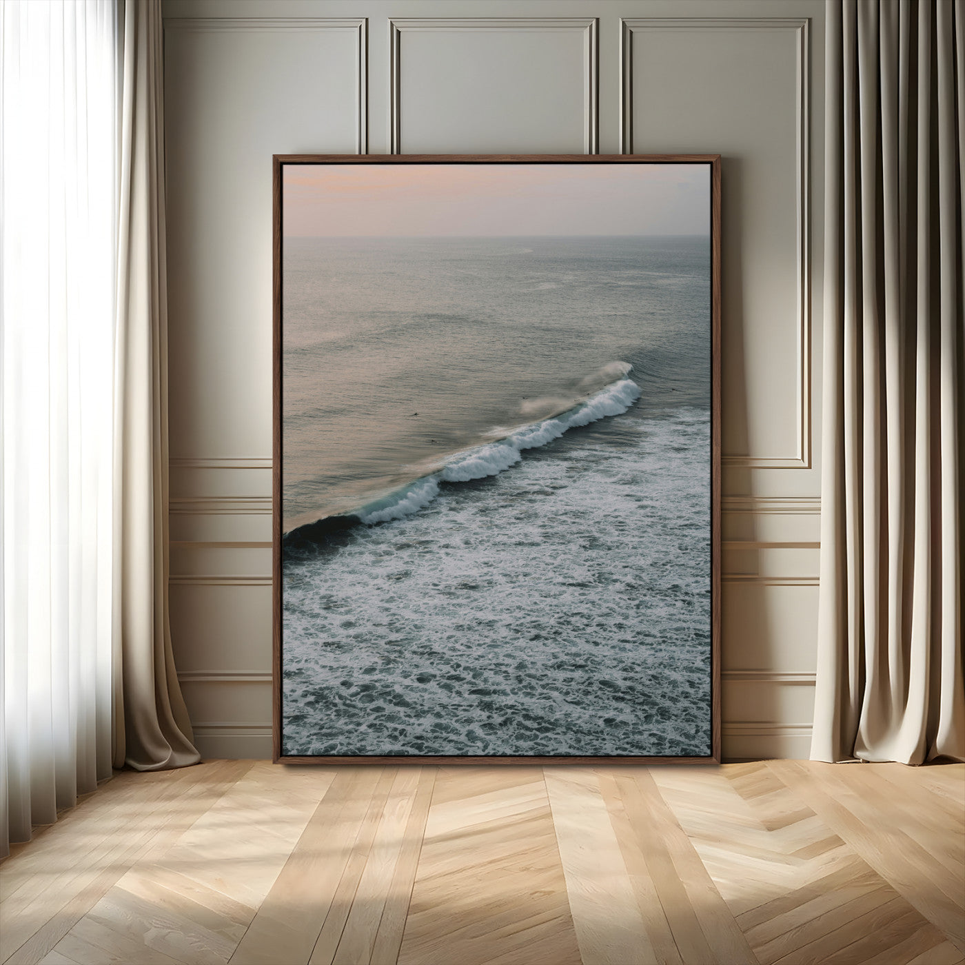 88999168-MGV-FC-24X36_Walnut-Ocean Waves Wall Art Canvas Print – Framed Coastal Serenity Relaxing Ocean Scene Artwork for Home Office