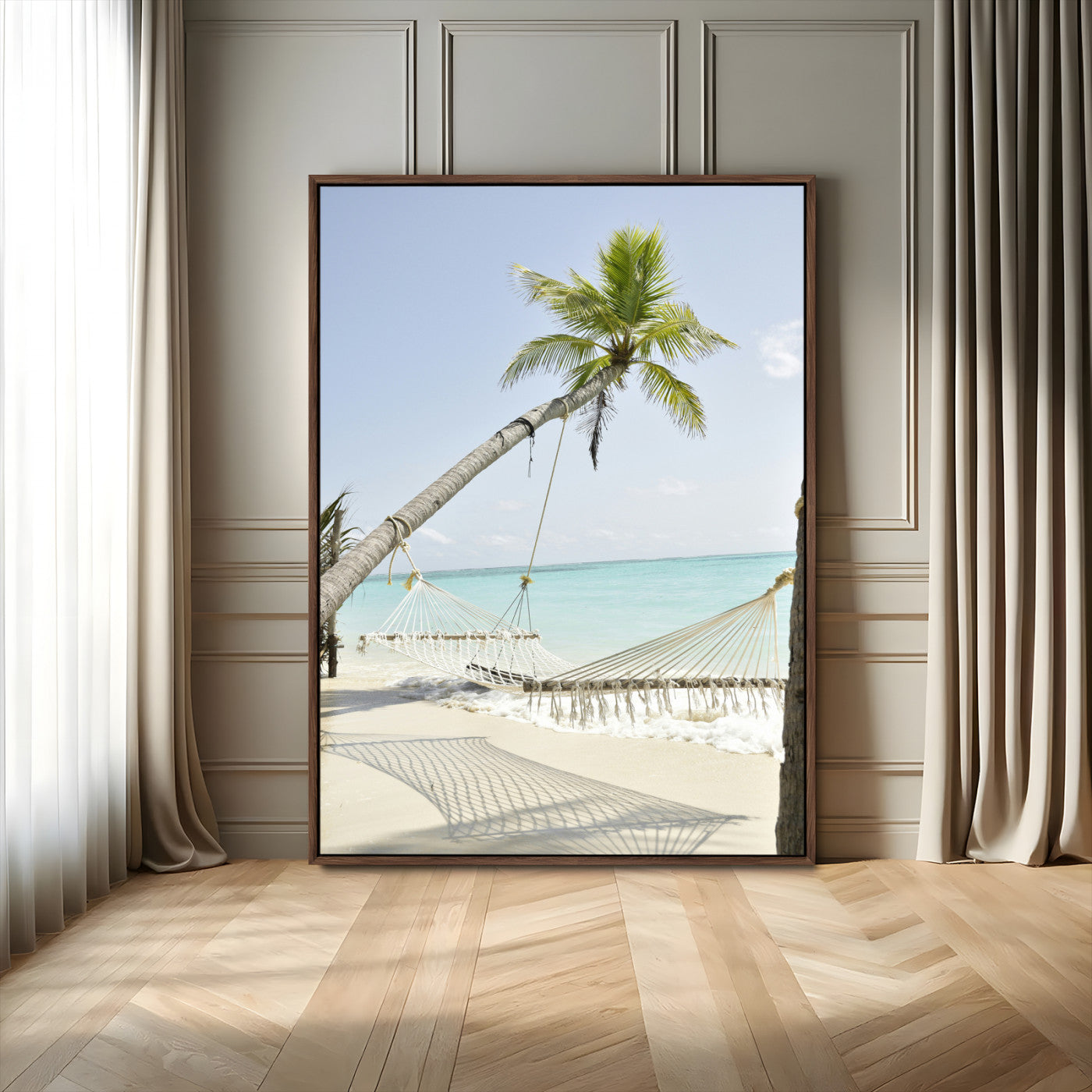 39927211-MGV-FC-24X36_Walnut-Beach Hammock Wall Art Canvas Print – Framed Tropical Paradise Coastal Serenity Artwork for Home Office