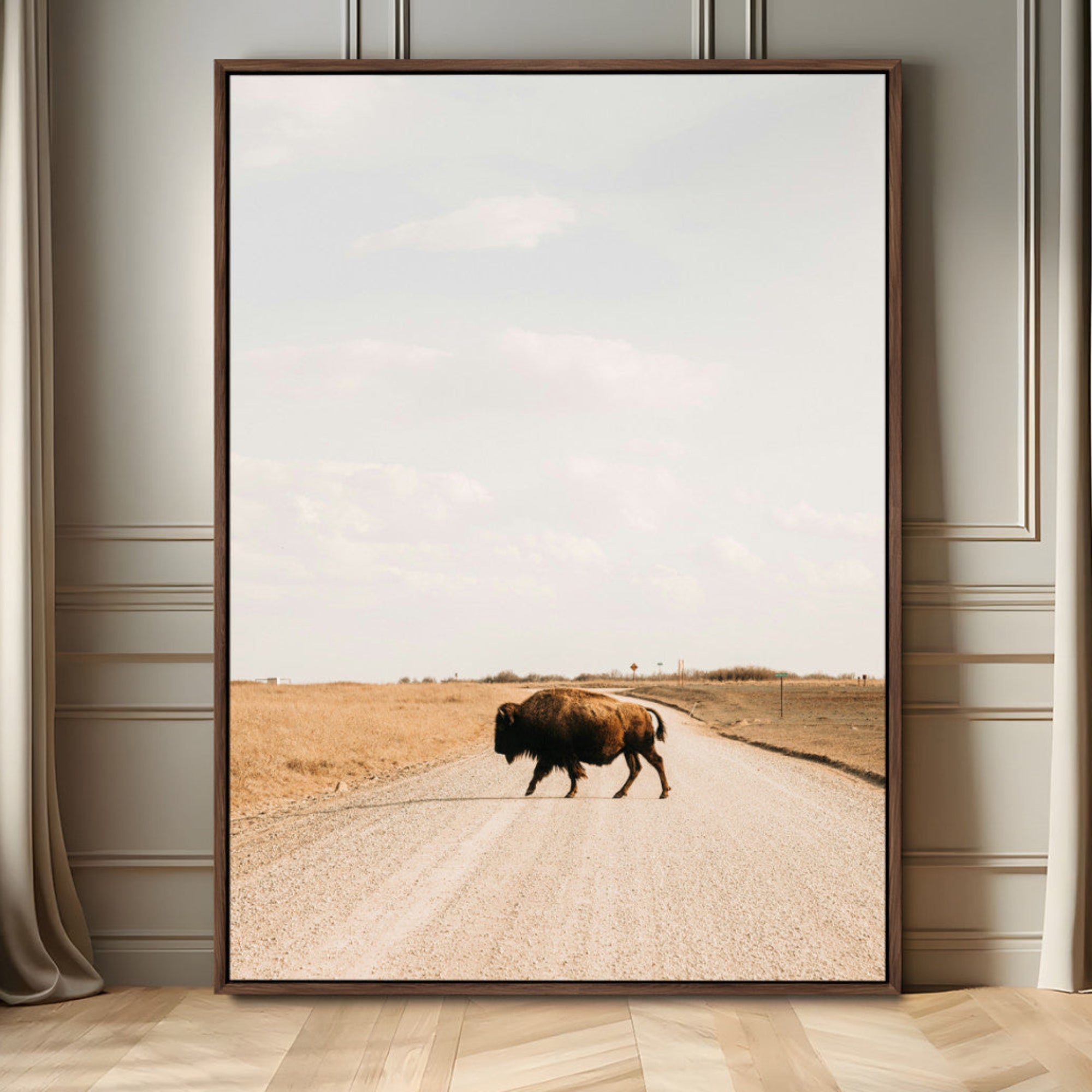 63874278-MGV-FC-24X36_Walnut-Bison Crossing Wall Art Canvas Print – Framed Western Prairie Road Landscape Nature Scene Artwork for Home Office