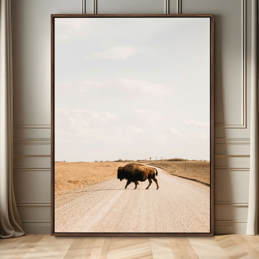 Bison Crossing Wall Art Canvas Print, Framed Western Landscape Art, Prairie Road Modern Ranch Decor