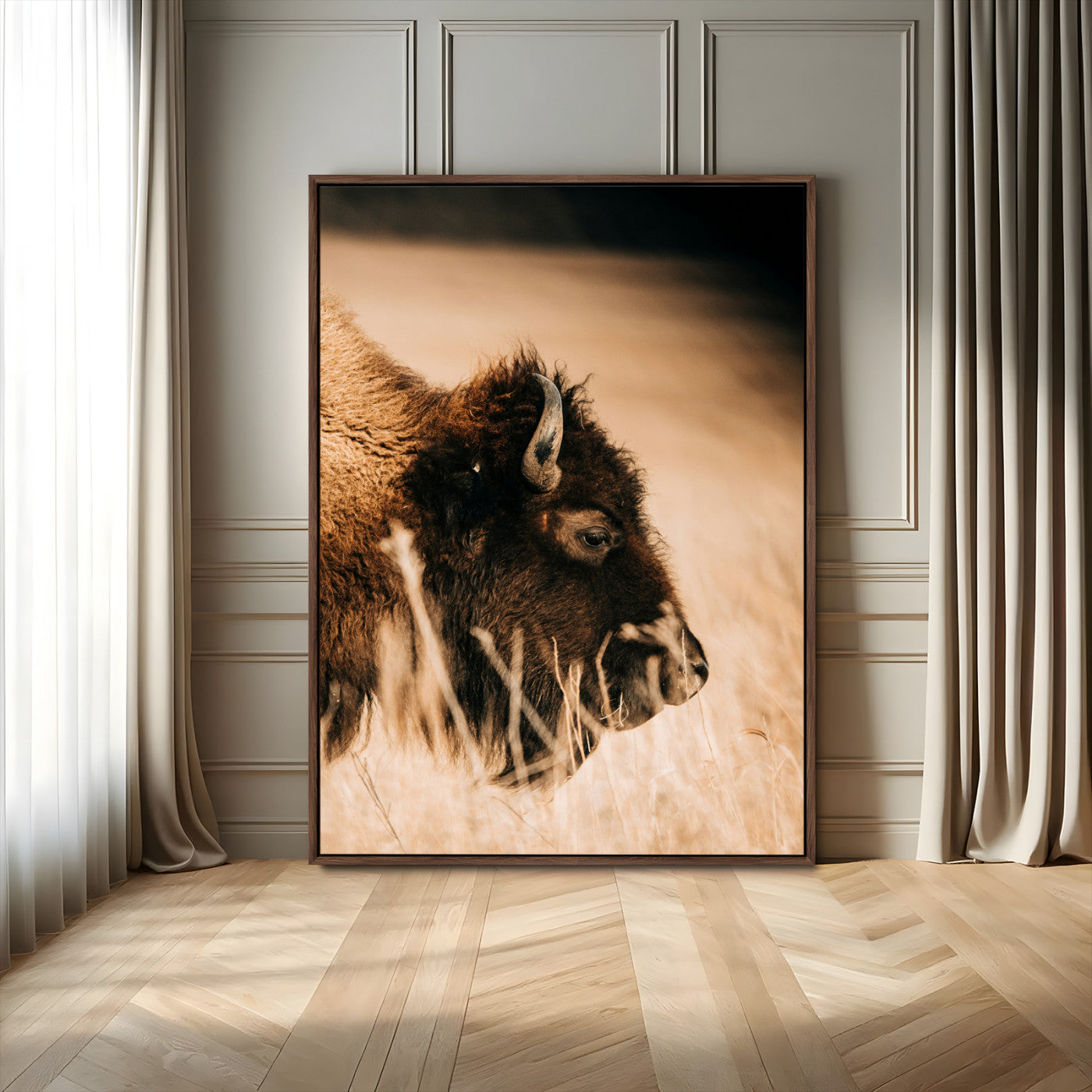 97970334-MGV-FC-24X36_Walnut-Bison Portrait Wall Art Canvas Print – Framed Western Prairie Serenity Landscape Artwork for Home Office
