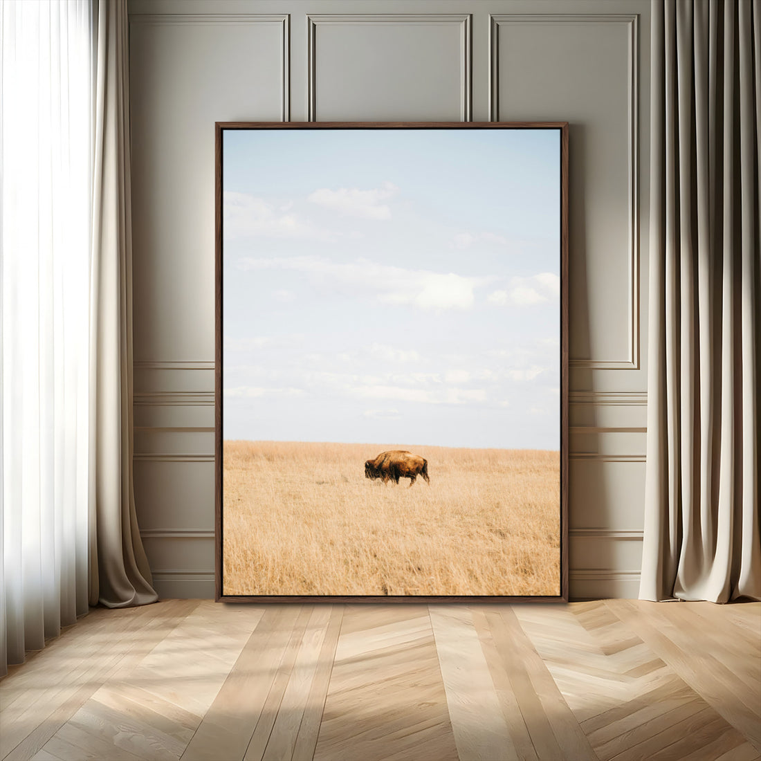 Minimalist Nature Wall Art Canvas Print, Framed Bison in Grassland Art, Open Field Modern Ranch Decor