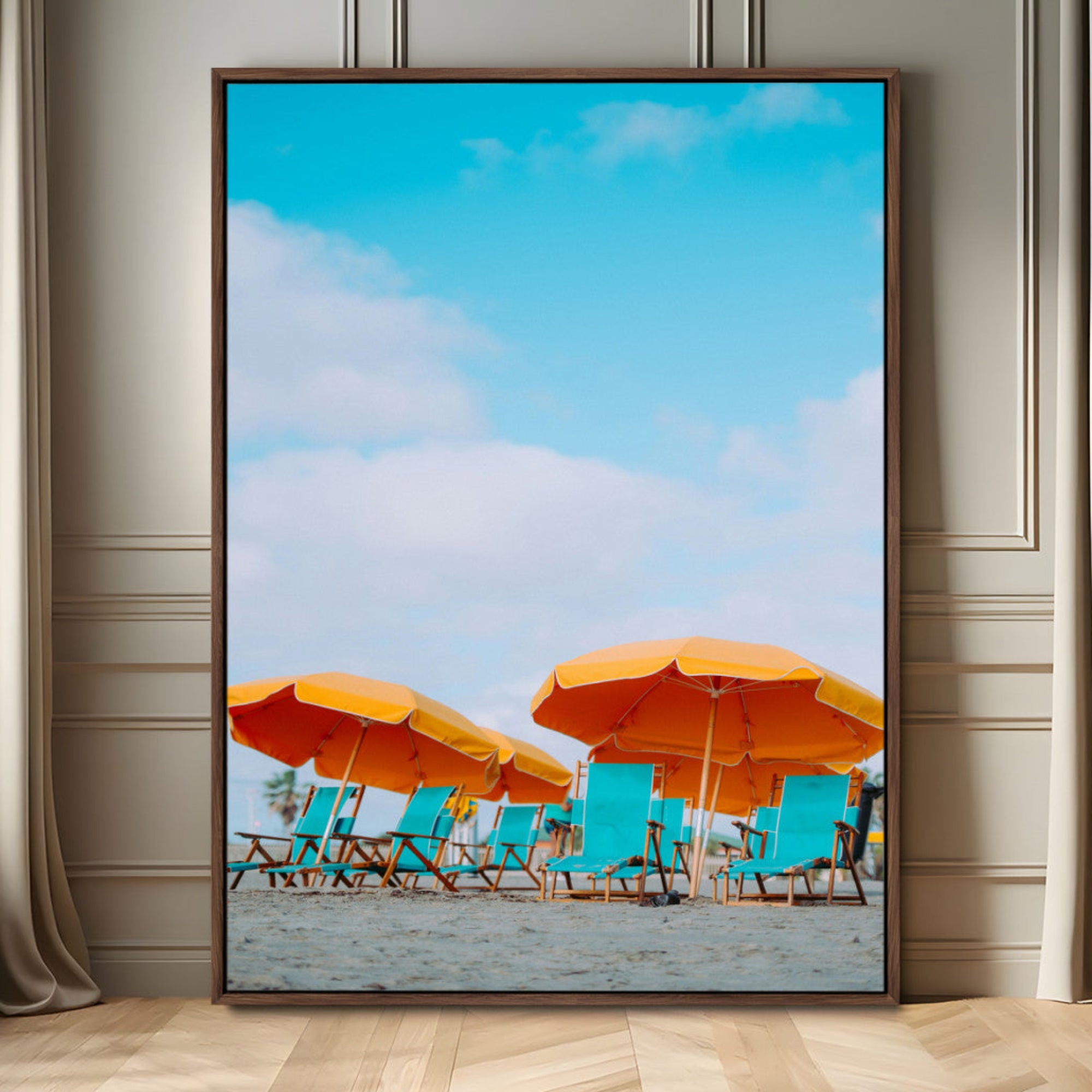 20422711-MGV-FC-24X36_Walnut-Beach Umbrellas Wall Art Canvas Print – Framed Tropical Coastal Paradise Nature Scene Artwork for Home Office