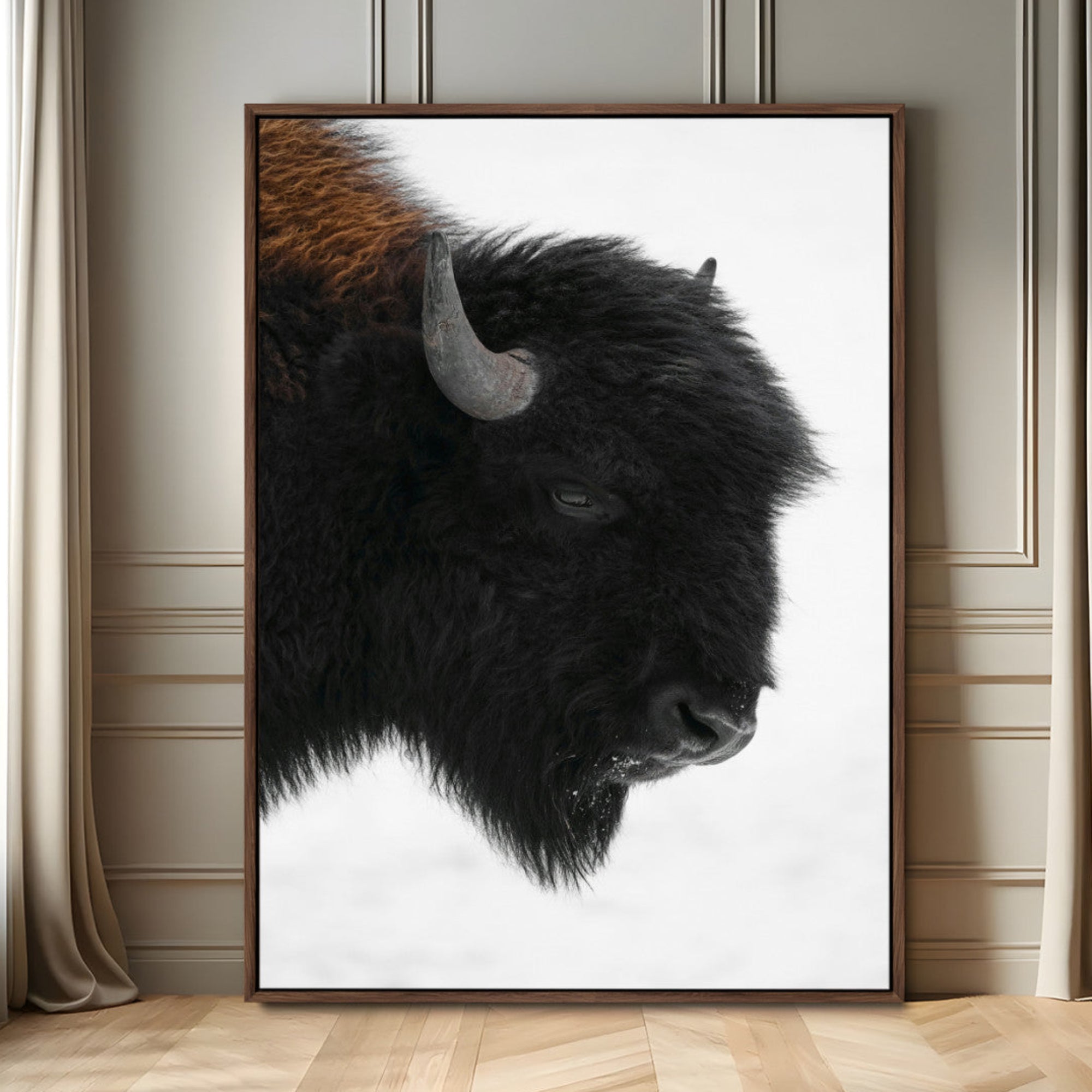 73956942-MGV-FC-24X36_Walnut-Western Rustic Wall Art Canvas Print – Framed Buffalo Black and White Wildlife Photography Artwork for Home Office