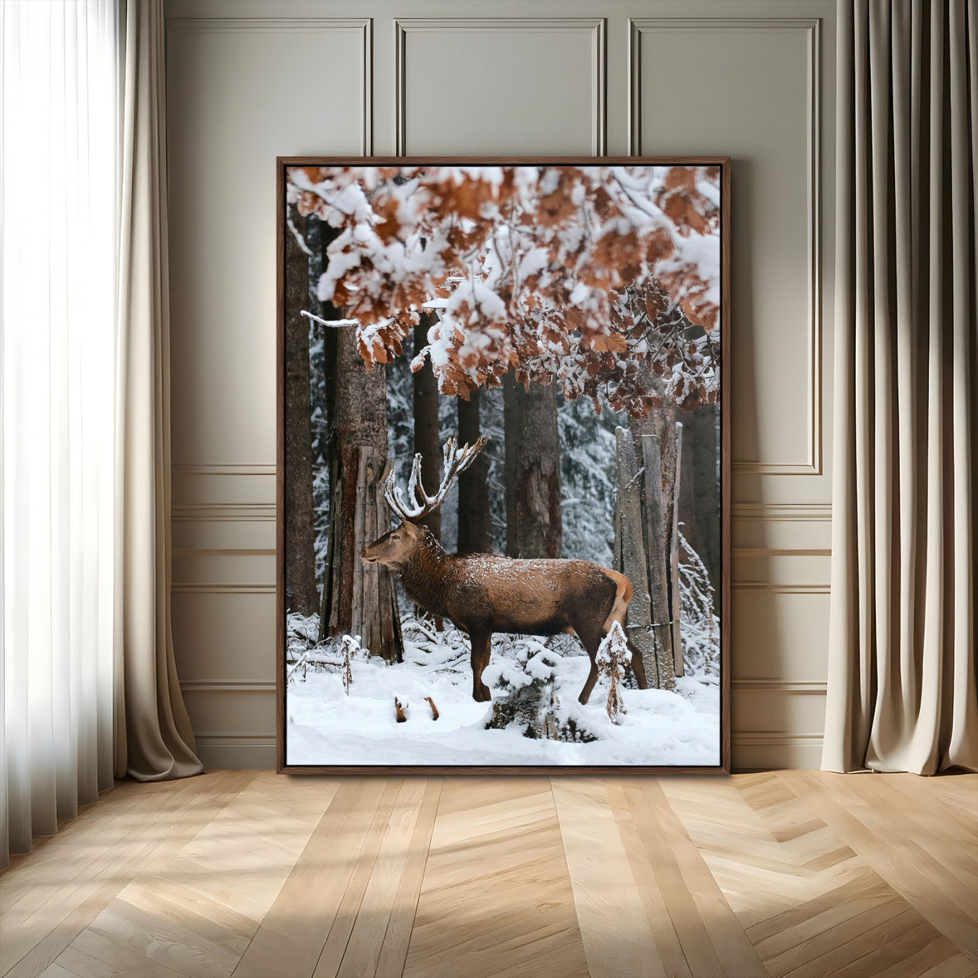 53001693-MGV-FC-24X36_Walnut-Serene Landscape Wall Art Canvas Print – Framed Winter Wonderland Deer Nature Scene Artwork for Home Office