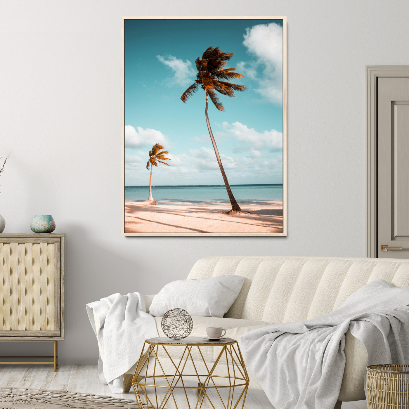 31614416-MGV-FC-24X36-Tropical Beach Wall Art Canvas Print – Framed Coastal Palm Trees Serene Ocean View Nature Artwork for Home Office