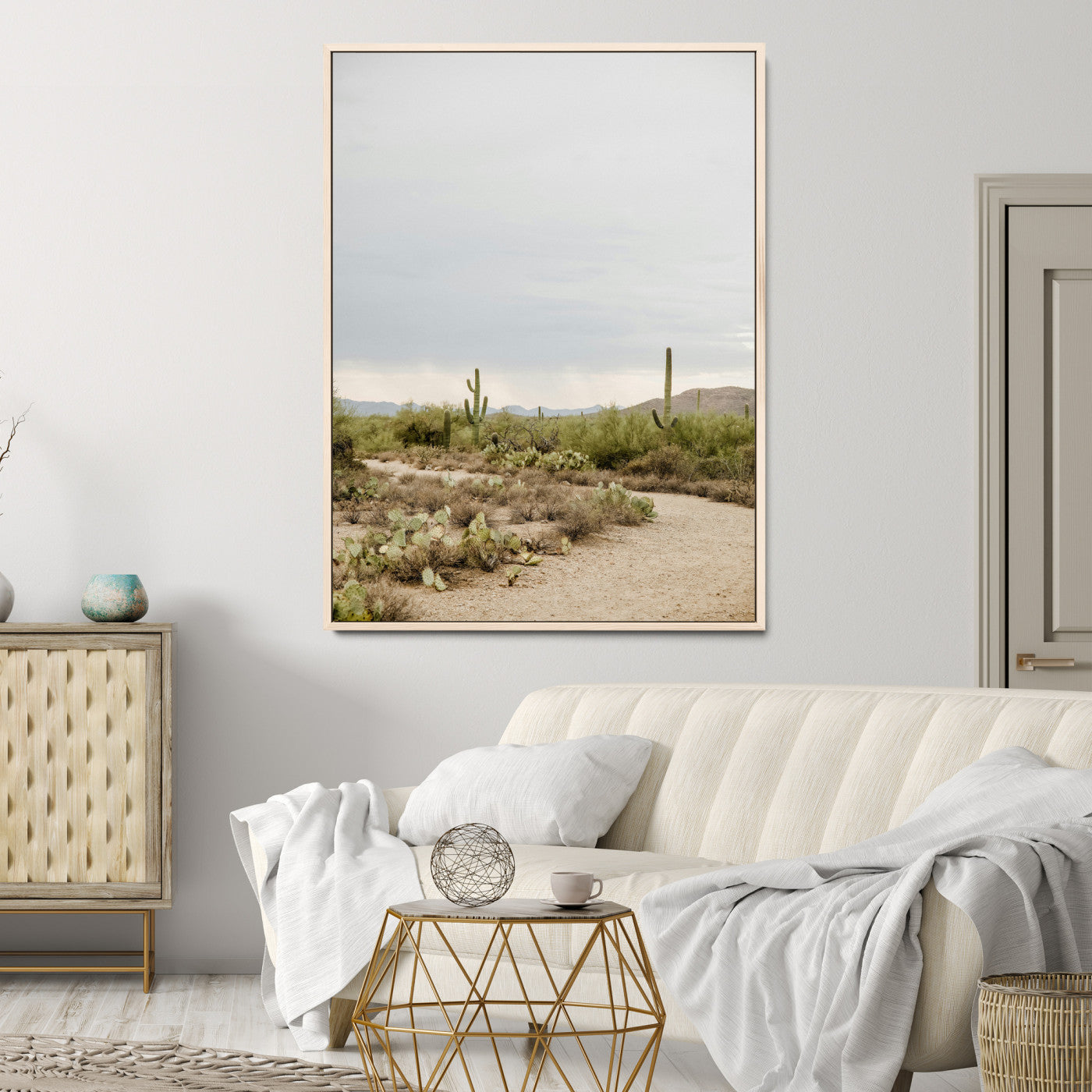 55042528-MGV-FC-24X36-Desert Landscape Wall Art Canvas Print – Cacti and Shrubs Pathway Natural Southwestern Scene Framed Artwork for Home Office