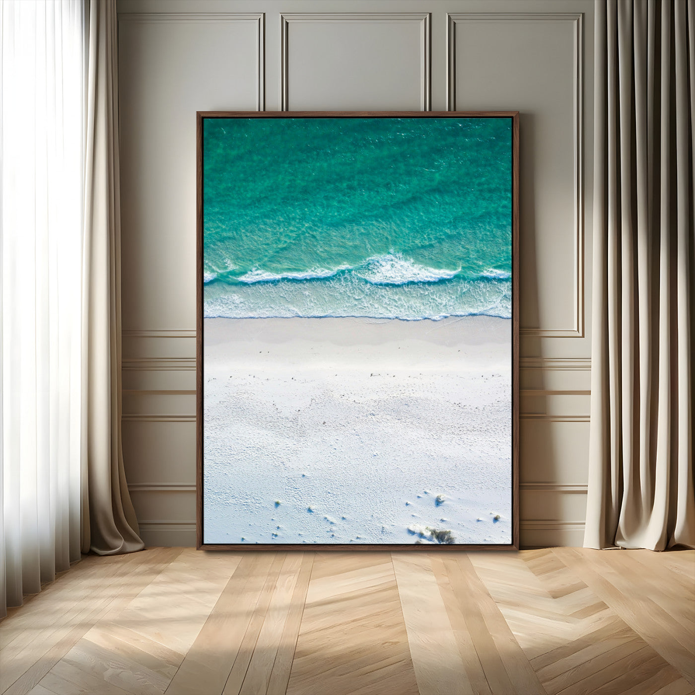 26150405-MGV-FC-24X36_Walnut-Soft Waves Wall Art Canvas Print, Framed Seaside Escape Art Picture Print, Minimalist Beach Aesthetic Perfect Coastal Minimalist Decor Artwork
