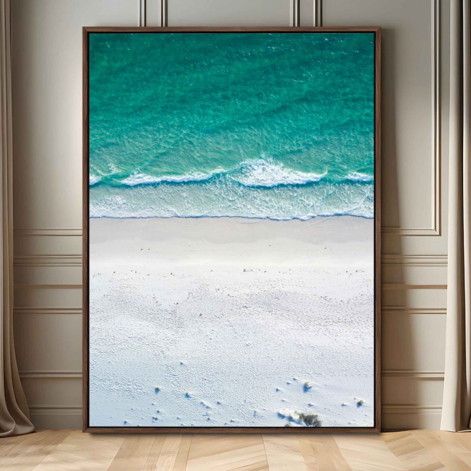 26150405-MGV-FC-24X36_Walnut-Turquoise Ocean Wall Art Canvas Print – White Sand Shore Gentle Waves Clear Water Coastal Nature Artwork for Home Office