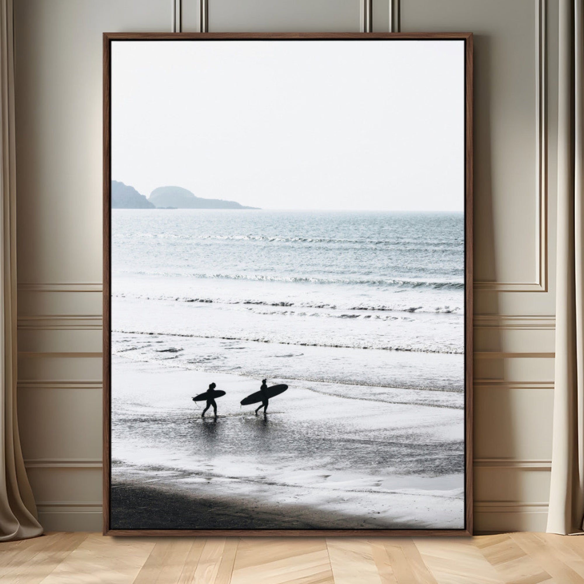 58090796-MGV-FC-24X36_Walnut-Surfer Silhouettes Wall Art Canvas Print – Minimalist Ocean Soft Horizon Coastal Artwork for Home, Office Decor