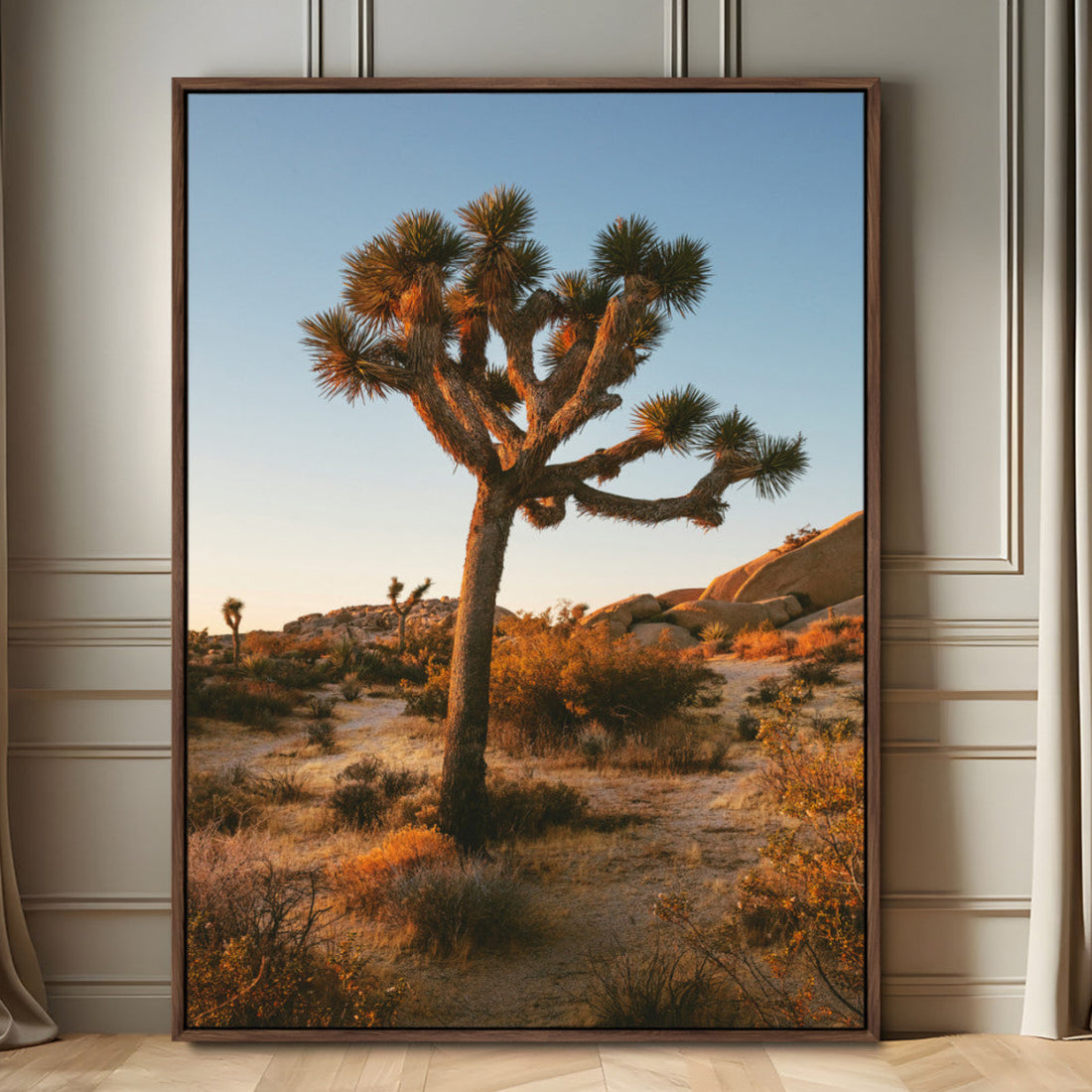 Joshua Tree Wall Art Canvas Print, Framed Desert Sunset Golden Hour Southwestern Art