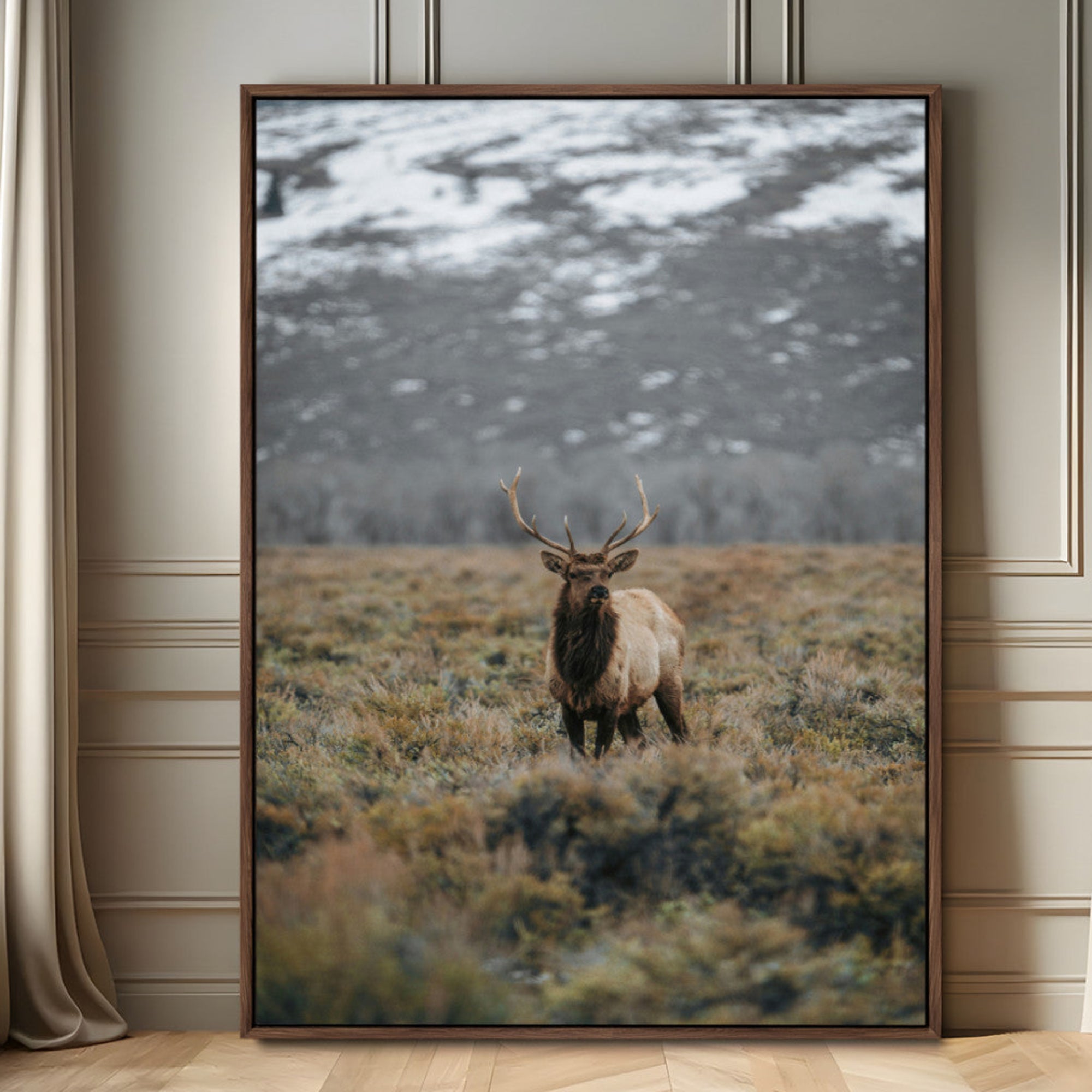 80105083-MGV-FC-24X36_Walnut-Wild Elk Wall Art Canvas Print – Framed Mountain Wilderness Majestic Animal Rustic Lodge Nature Artwork for Home, Office