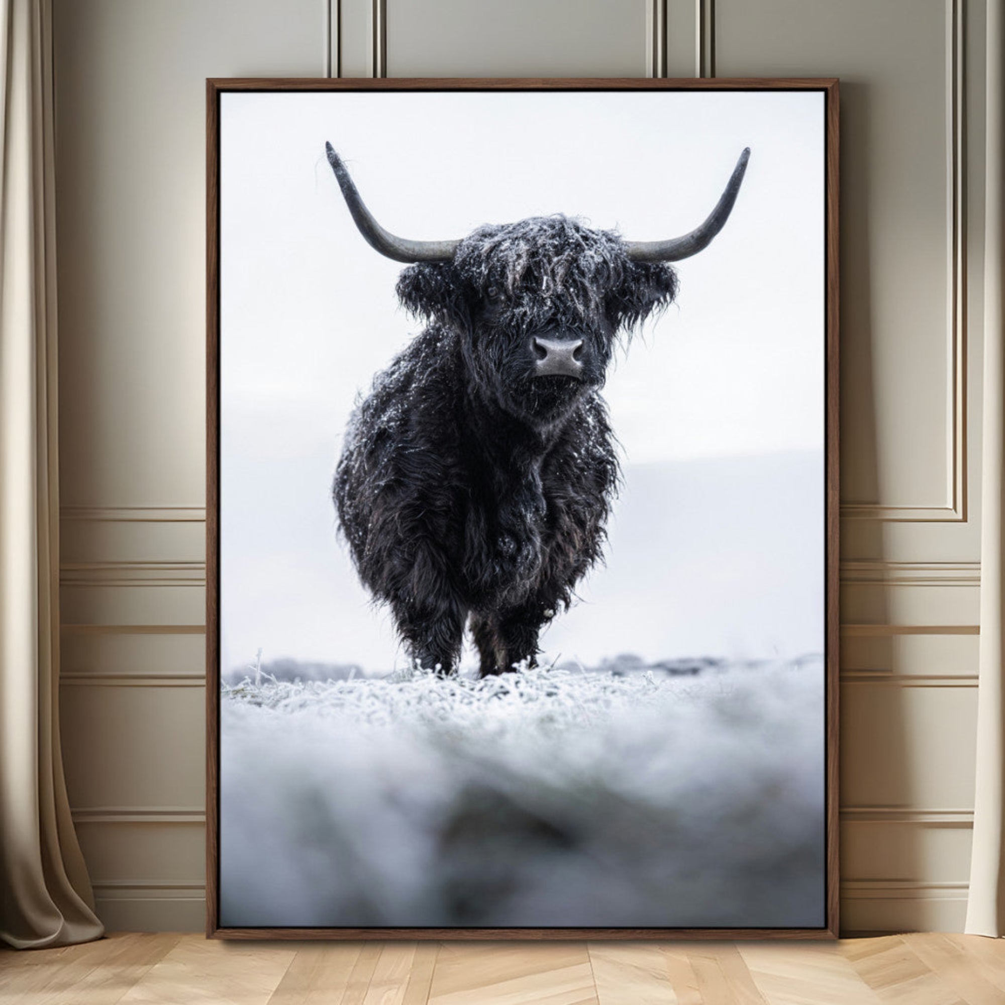 30552403-MGV-FC-24X36_Walnut-Frosty Black Highland Wall Art Canvas Print, Framed Moody Winter Aesthetic Art Picture Print, Scottish Highlands Perfect Modern Rustic Decor Artwork