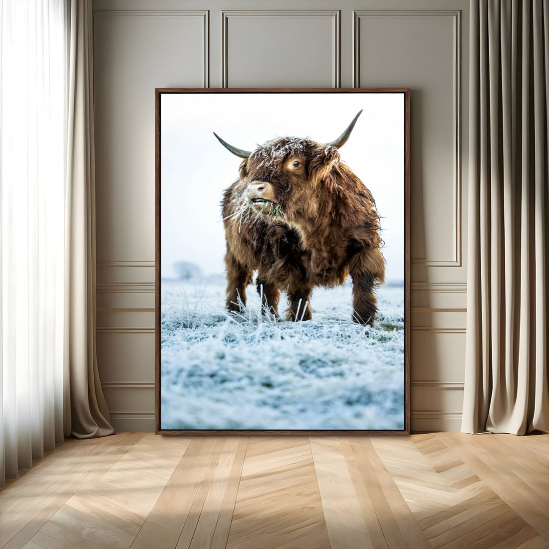 Minimalist Scottish Highland Cow Wall Art Canvas Print, Framed Farmhouse Country Style