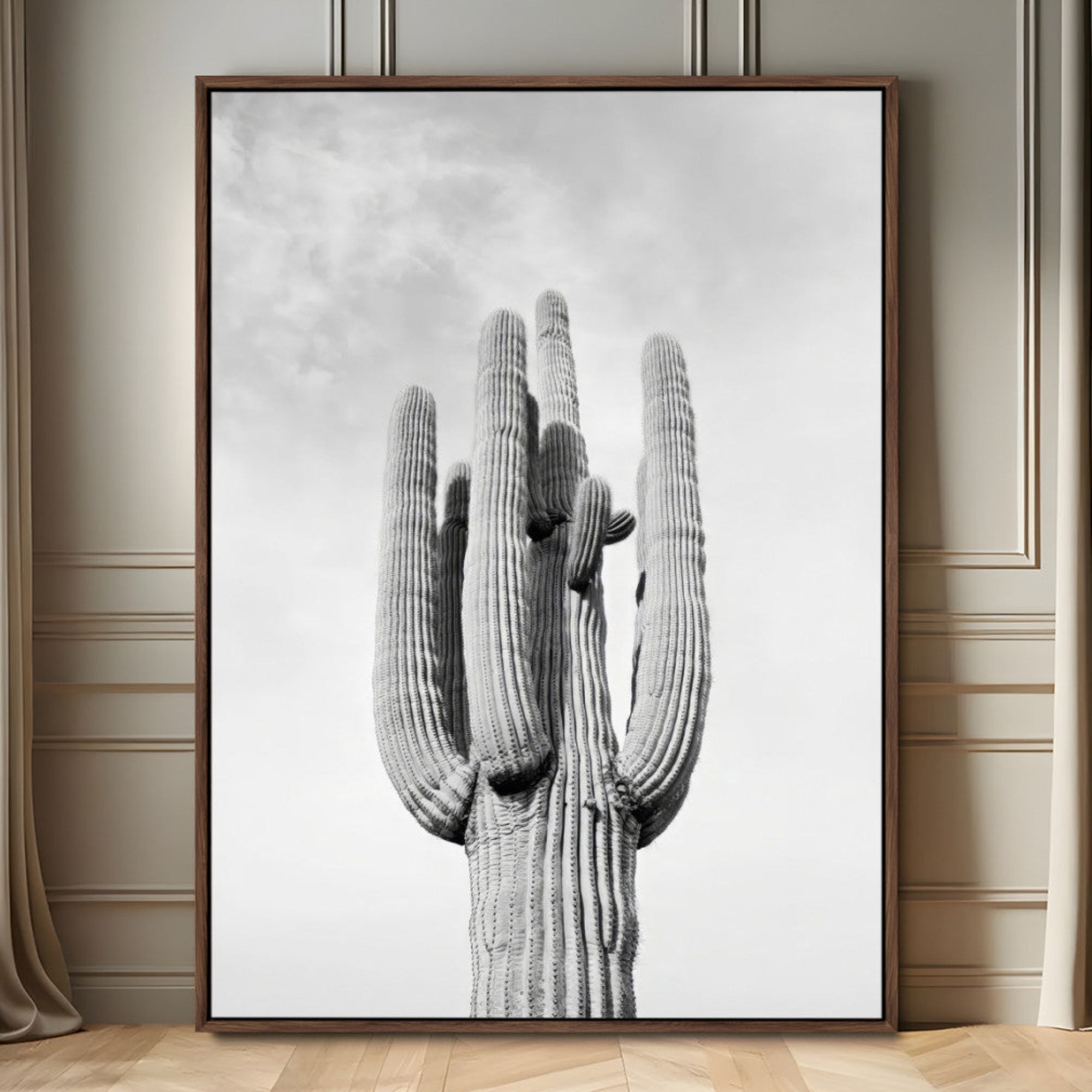 96094346-MGV-FC-24X36_Walnut-Saguaro Cactus Wall Art – Black and White Desert Landscape Canvas Print, Modern Minimalist Nature Decor for Home, Office
