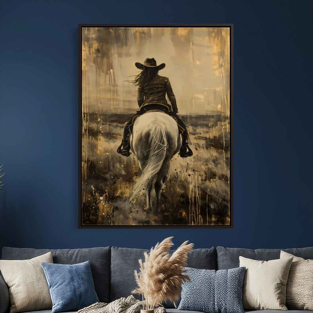 Cowgirl on Horse Wall Art Canvas Print, Western Equestrian Artwork for Farmhouse and Ranch Decor