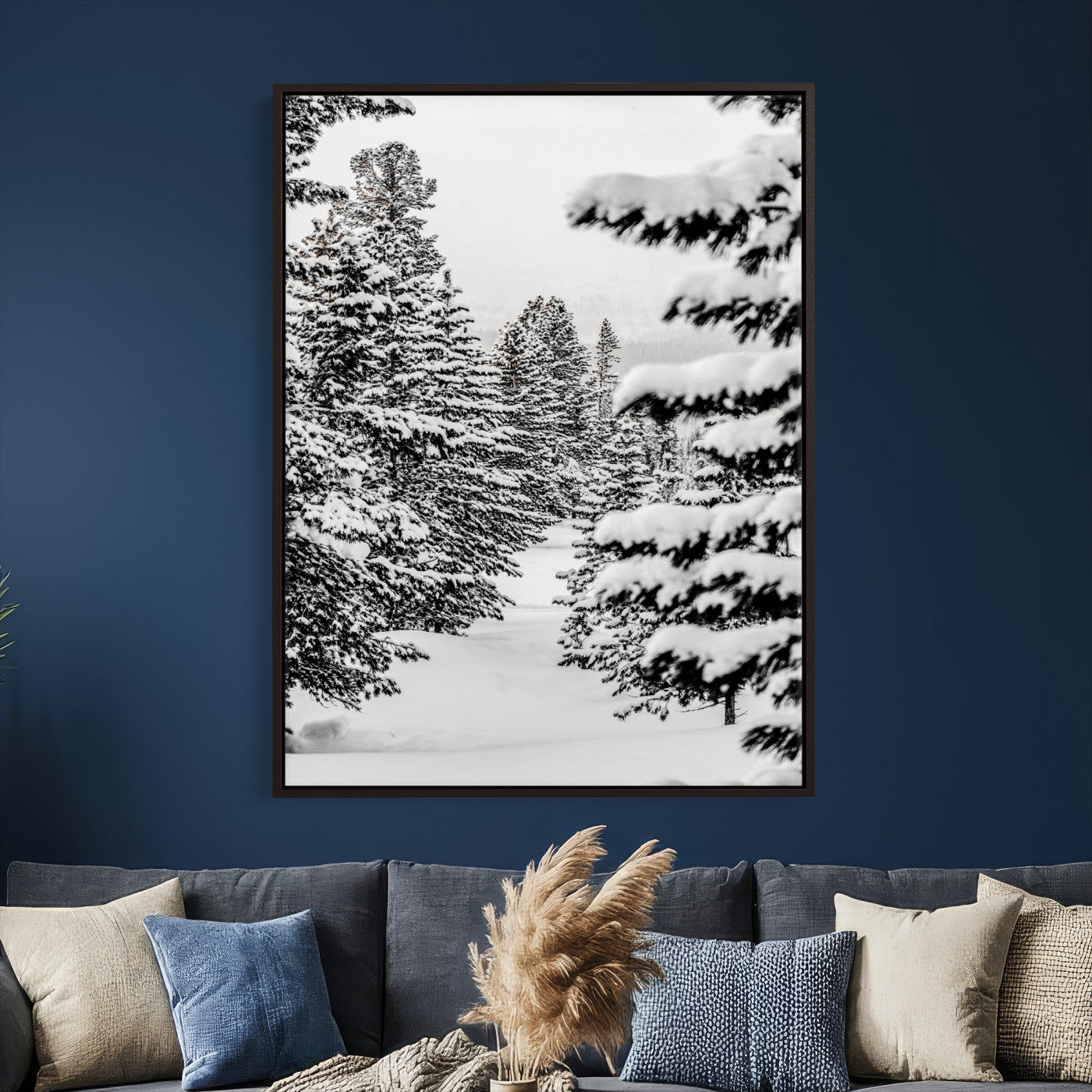 42534505-MGV-CV-24X36 - Snowy Pine Forest Wall Art Canvas Print, Minimal Winter Woodland Landscape, Black and White Nature Artwork