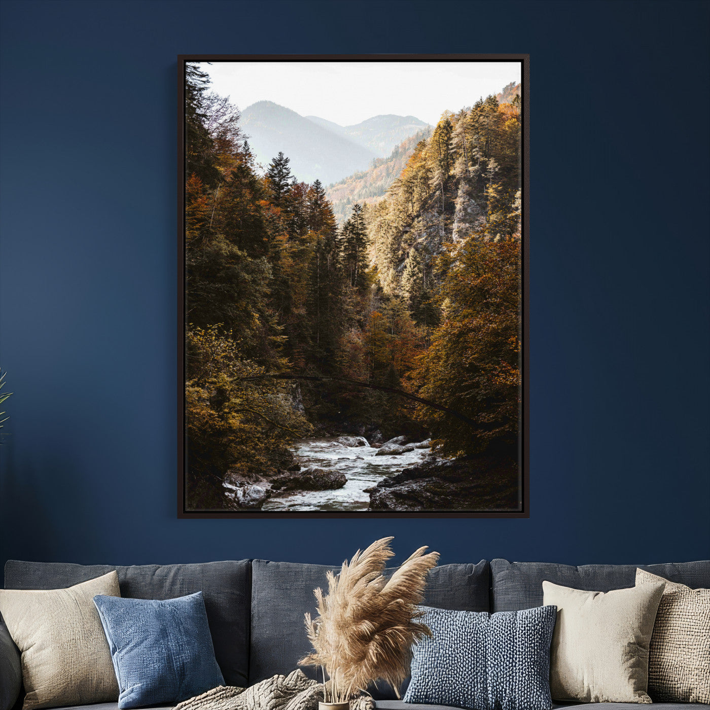 73651627-MGV-CV-24X36 - Autumn Forest Mountain Wall Art Canvas Print, Nature Landscape Wall Decor, Scenic River Forest Artwork, Rustic Woodland Canvas Wall Art, Framed Canvas Wall Art Ready to Hangq