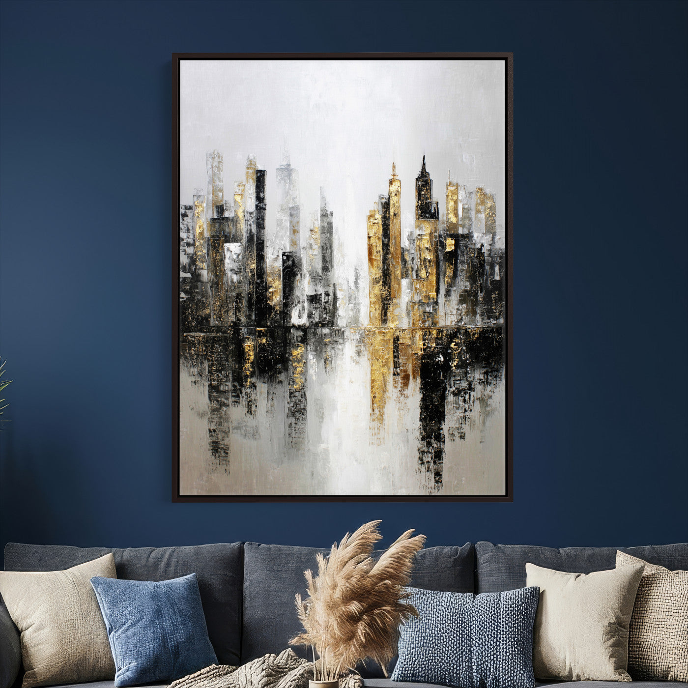 38126217-MGV-CV-24X36 - Abstract Urban Reflection Wall Art Canvas Print, Gold Black Modern Architecture Canvas Print, Contemporary Moody City Artwork for Living Room Decor