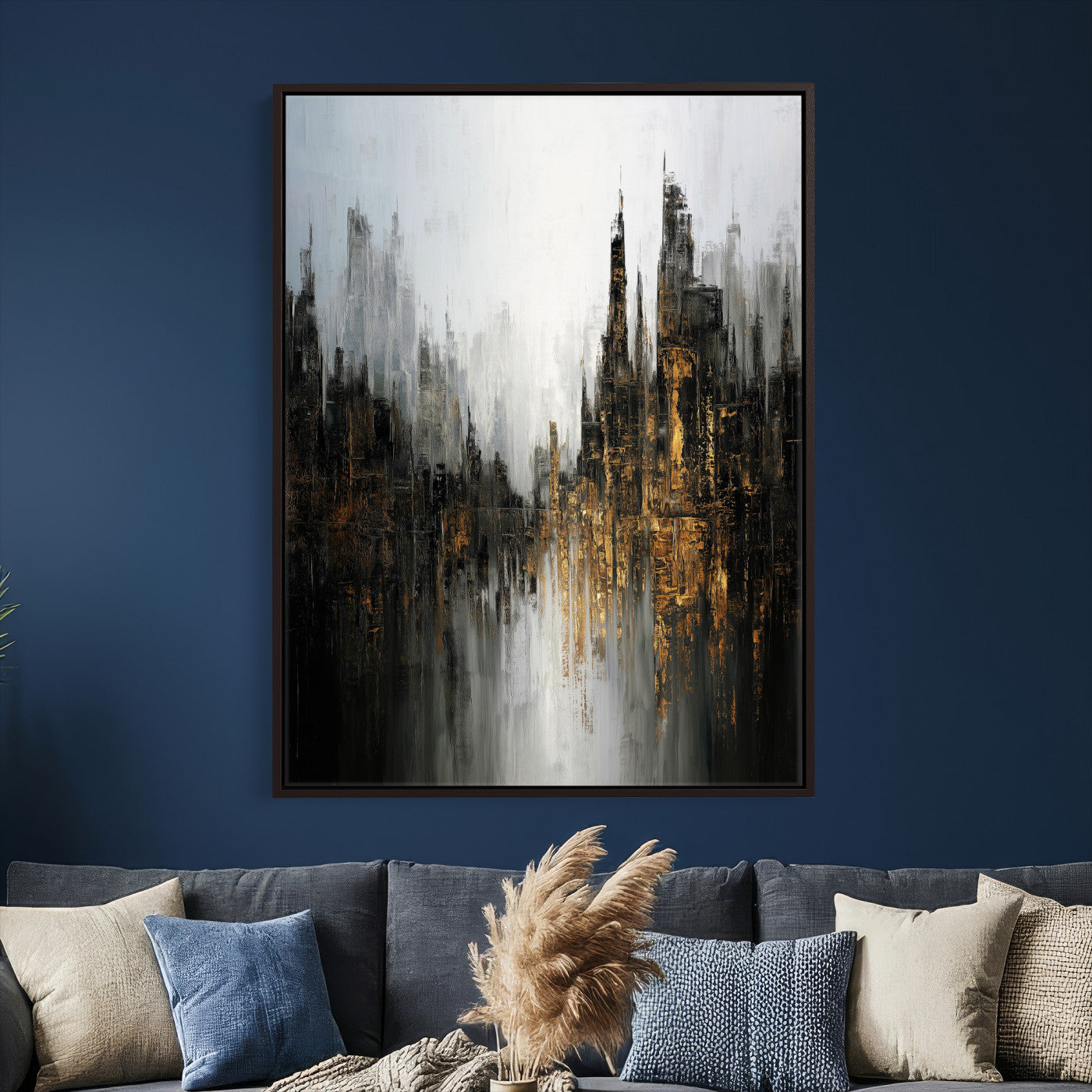 39629486-MGV-CV-24X36 - Abstract Urban Reflection Wall Art Canvas Print, Gold Black Modern Architecture Canvas Print, Contemporary Moody City Artwork for Living Room Decor