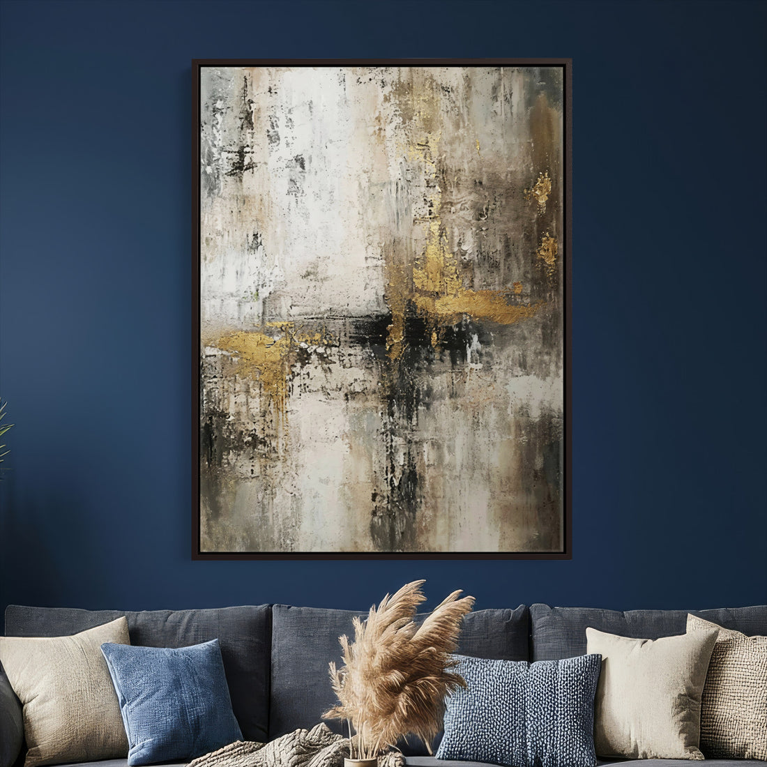 Framed Abstract Wall Art Canvas Print, Gold Black Modern Architecture Art