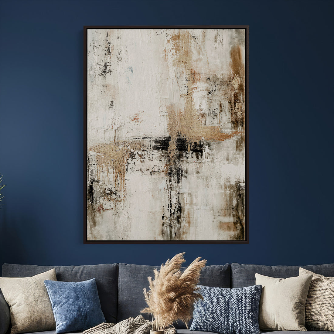 Neutral Abstract Wall Art Canvas Print, Beige Black Painterly Style Modern Art