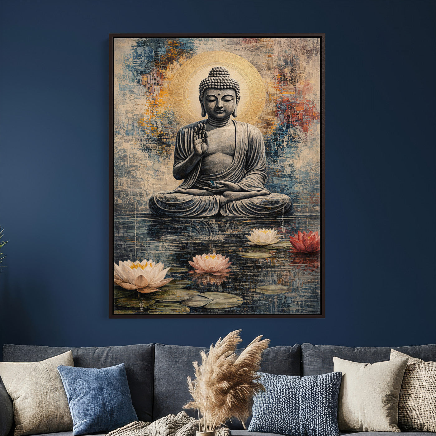 3812625445543-MGV-CV-24X36 - Serene Buddha with Lotus Flowers | Tranquil Meditation Art | Zen Wall Decor for Mindful Living Spaces | Spiritual Canvas Print