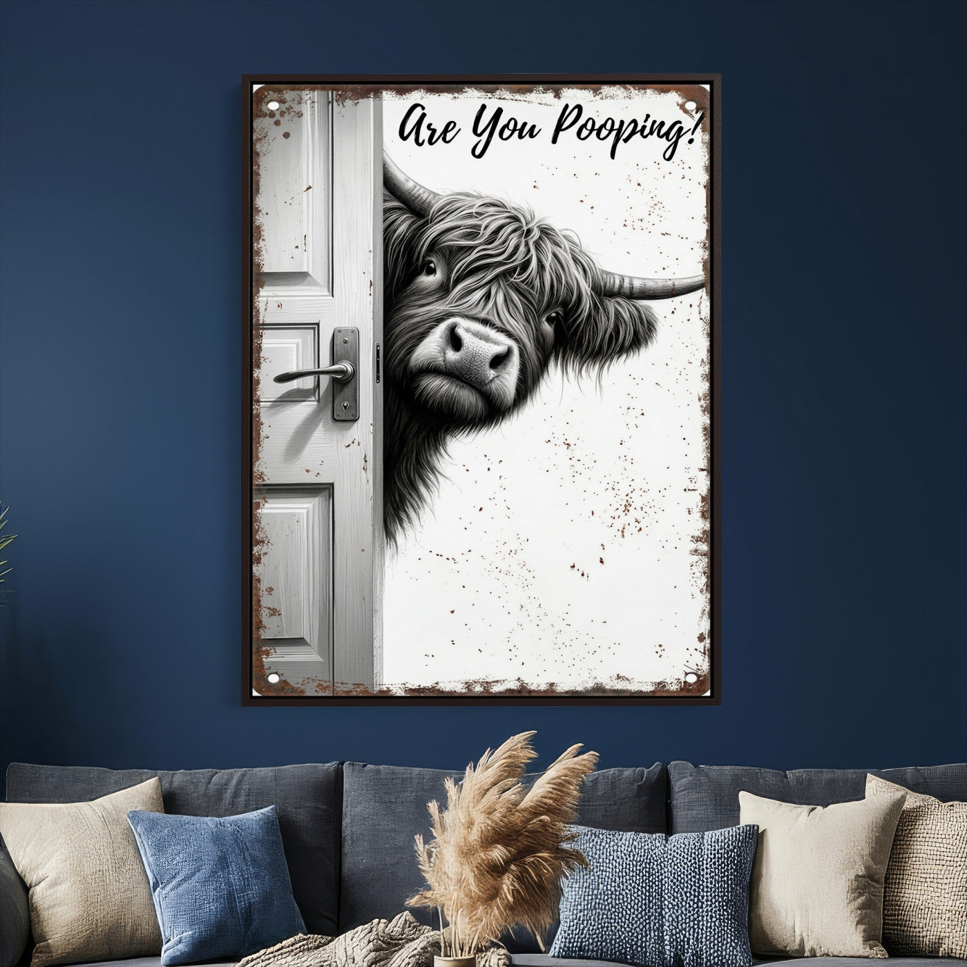 8151788G6-MGV-CV-24X36 - Funny Highland Cow Bathroom Wall Art Canvas Print, Are You Pooping Cow Sign, Rustic Farmhouse Bathroom Decor