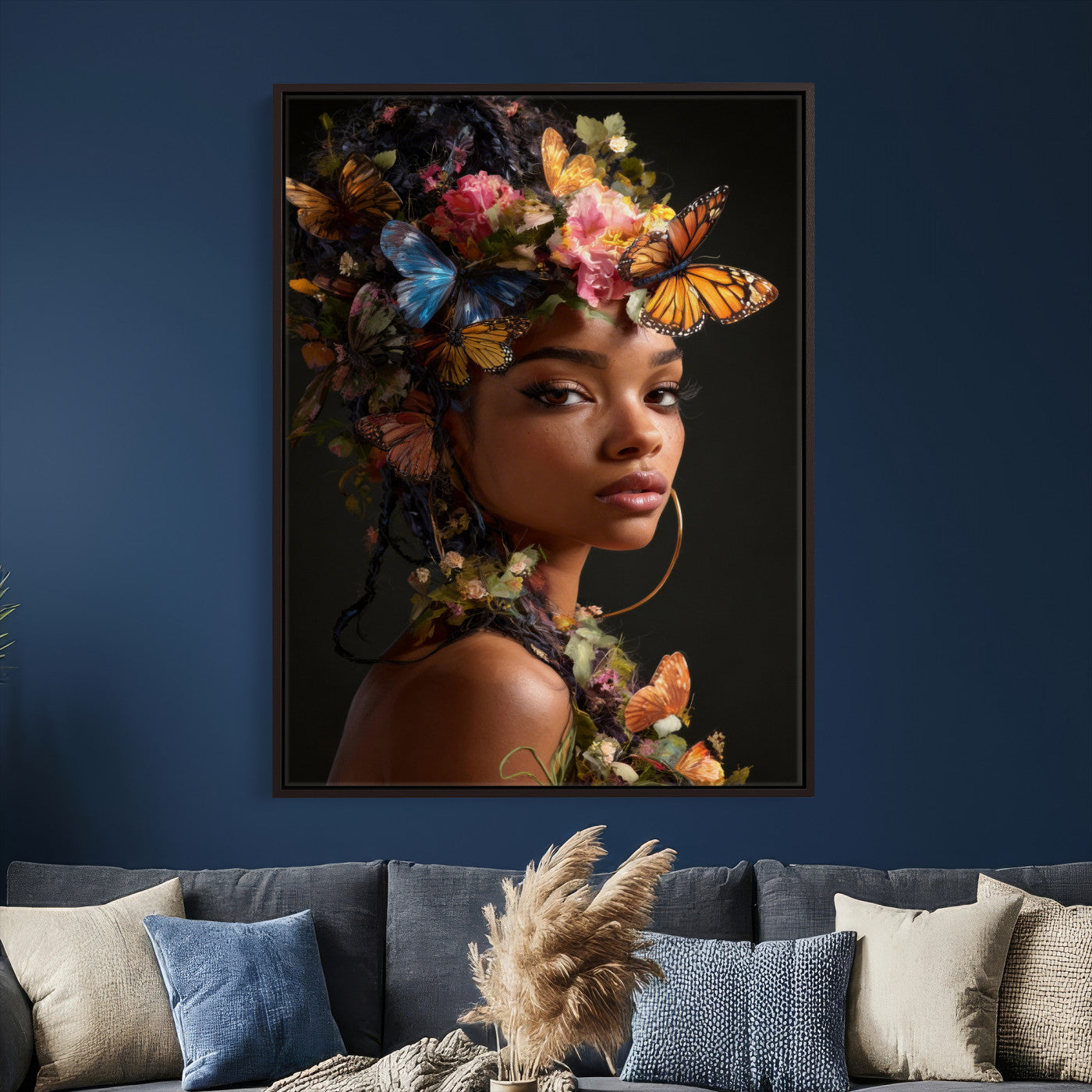 620930SZC10-MGV-CV-24X36 - Butterfly Crown Gold Woman Portrait — Monarch Queen Canvas Print | Teal Dark Fantasy Art | Boho Bedroom Wall Decor | Empowerment Gift Her