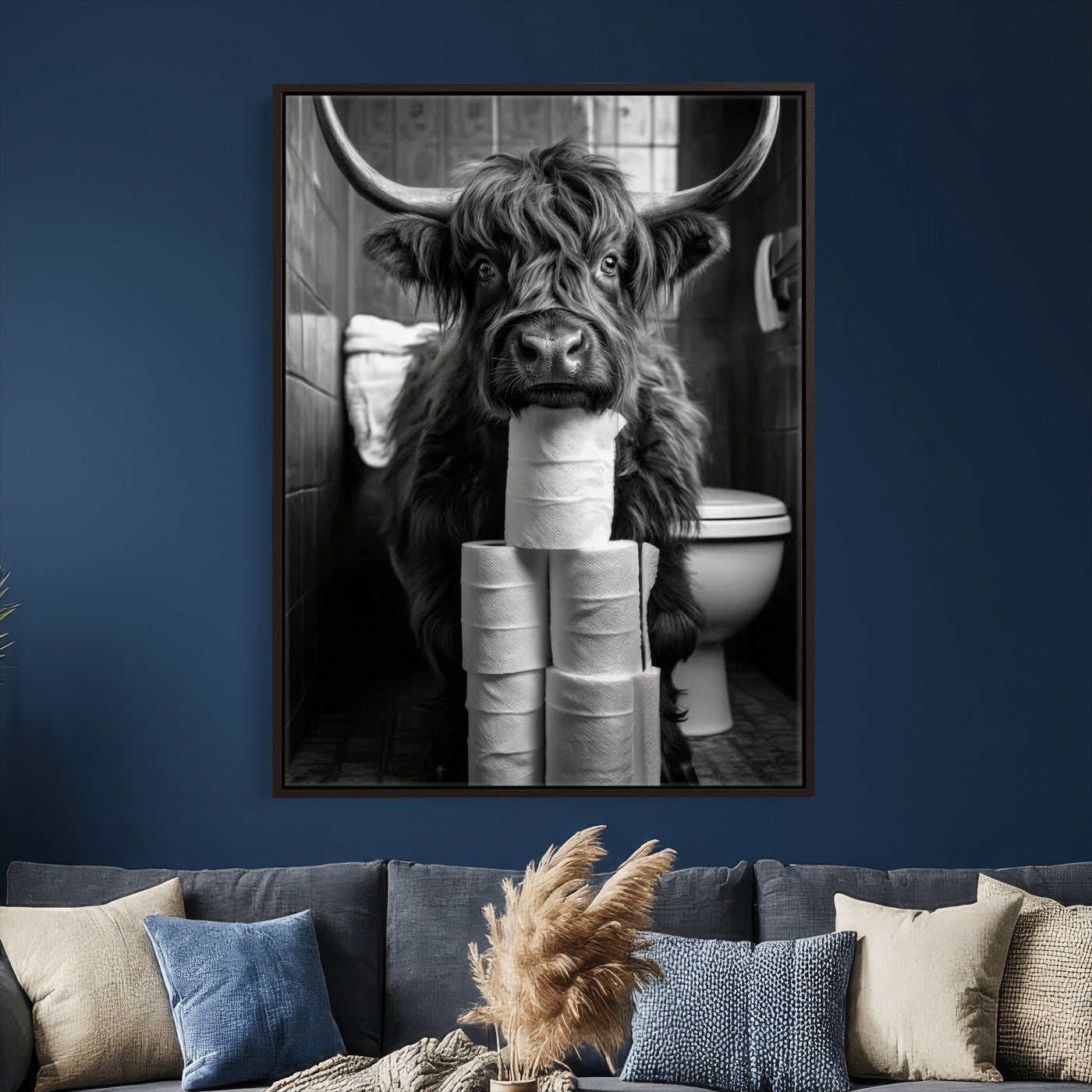 95909209-MGV-CV-24X36 - Highland Cow Toilet Paper Canvas Wall Art, Funny Bathroom Black White Print, Cute Animal Humor Decor, Quirky Farmhouse Bathroom Art, Cow Lover Gift