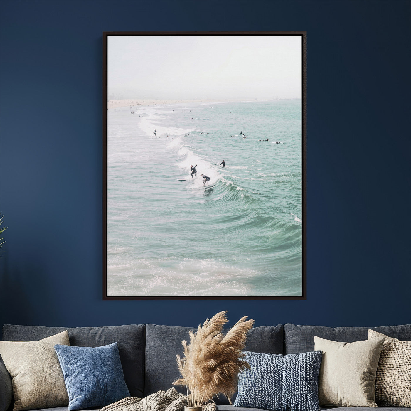 58043762-MGV-CV-24X36 - Surfers on Waves Canvas Wall Art, Aerial Ocean Photography Print, Mint Green Surf Decor, California Beach House Art, Coastal Sports Wall Decor