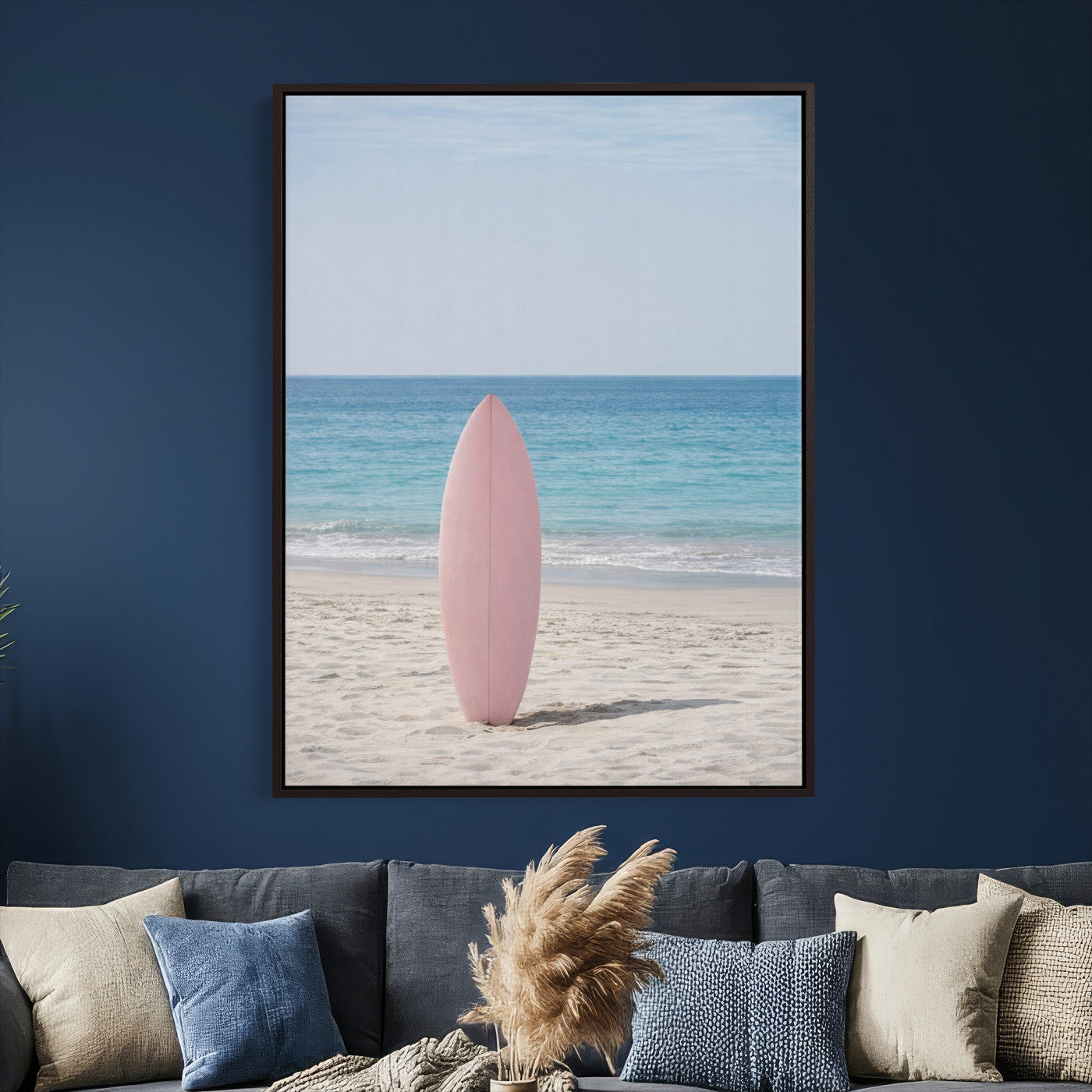 17265103-MGV-CV-24X36 - Pink Surfboard Canvas Wall Art, Minimalist Beach Photography Print, Pastel Ocean Coastal Decor, Girl Beach Room Art, Aesthetic Summer Wall Print