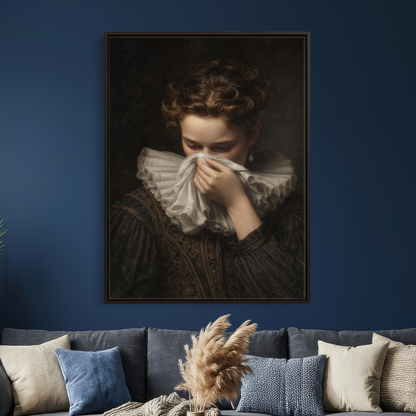62652430-MGV-CV-24X36 - Baroque Portrait Canvas Wall Art, Flemish Woman with Lace Collar Print for Bathroom Wall Art, Funny Toilet Decor, Renaissance Style Portrait, Moody Vintage Wall Art