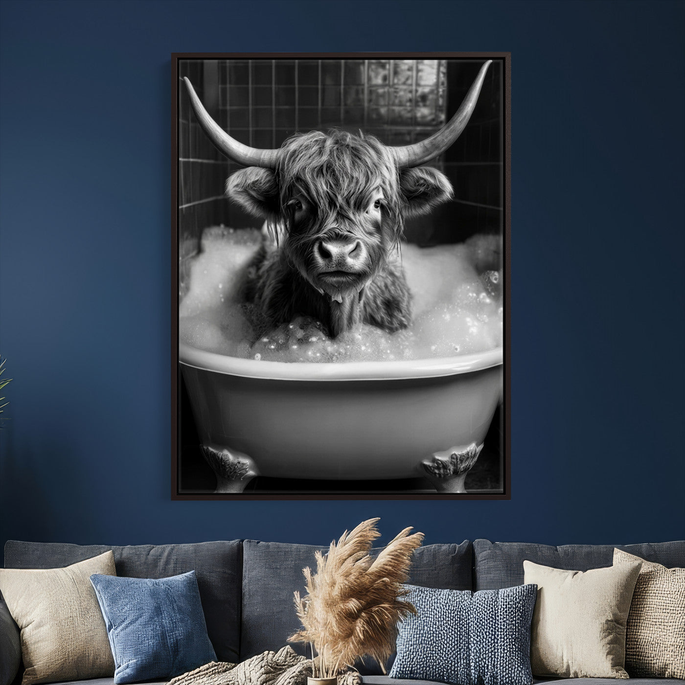 44020264-MGV-CV-24X36 - Highland Cow Bathtub Canvas Wall Art, Funny Bathroom Print Black White, Grumpy Cow Bubble Bath Decor, Animal Bathroom Art, Farmhouse Humor Print, Cute Cow Gift