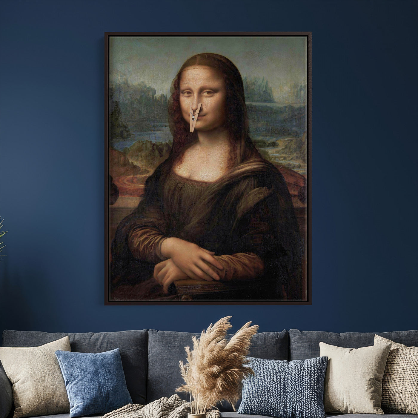 59125950-MGV-CV-24X36 - Funny Bathroom Canvas Wall Art Print, Mona Lisa Clothespin Nose Humor Decor, Classic Art Parody, Toilet Room Wall Art, Quirky Housewarming Gift, Eclectic Home Decor