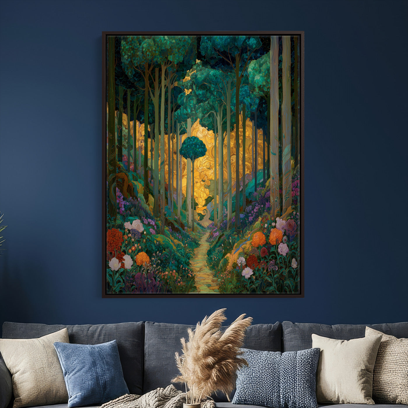 70159913-MGV-CV-24X36 - Gustav Klimt Style Forest Canvas Wall Art, Golden Forest Path Floral Art Nouveau Print, Enchanted Woodland Decor, Maximalist Colorful Nature Art