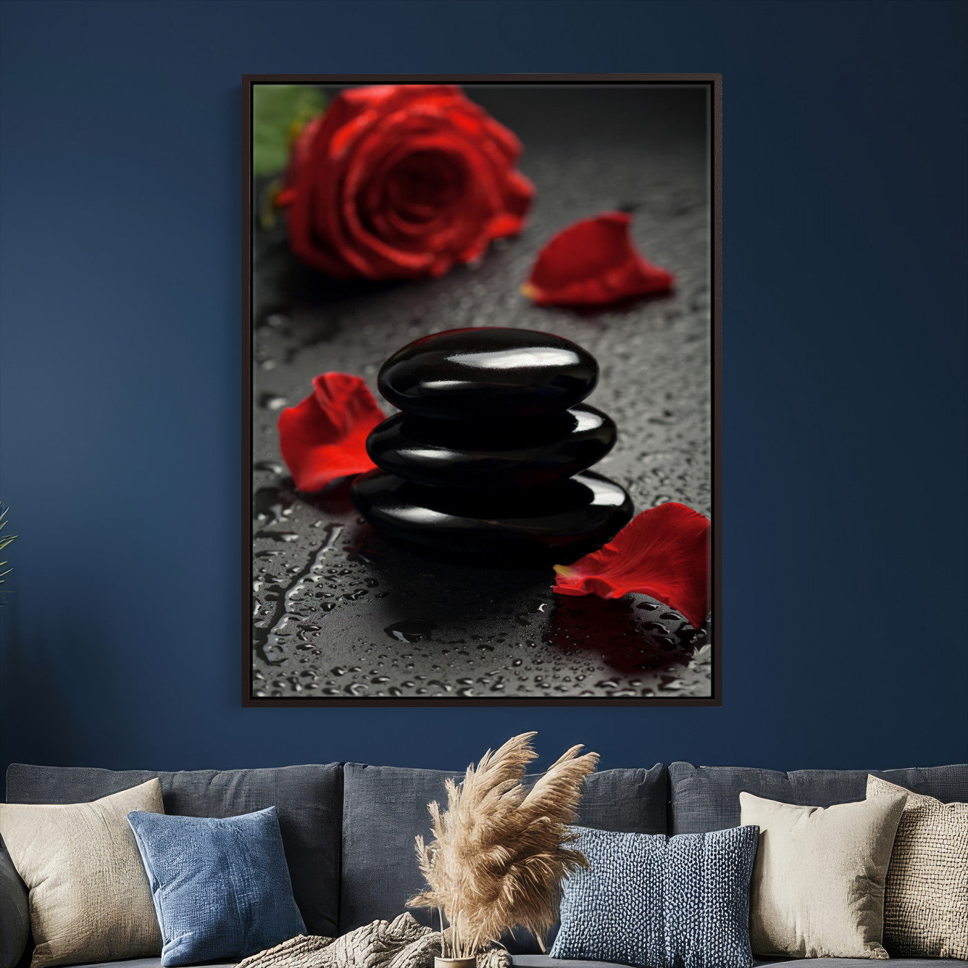 37334763-MGV-CV-24X36 - Black Lava Stone Rose Canvas | Red Rose Spa Photography Print | Stacked Stones Dark Luxury Wall Art | Dramatic Bathroom Decor