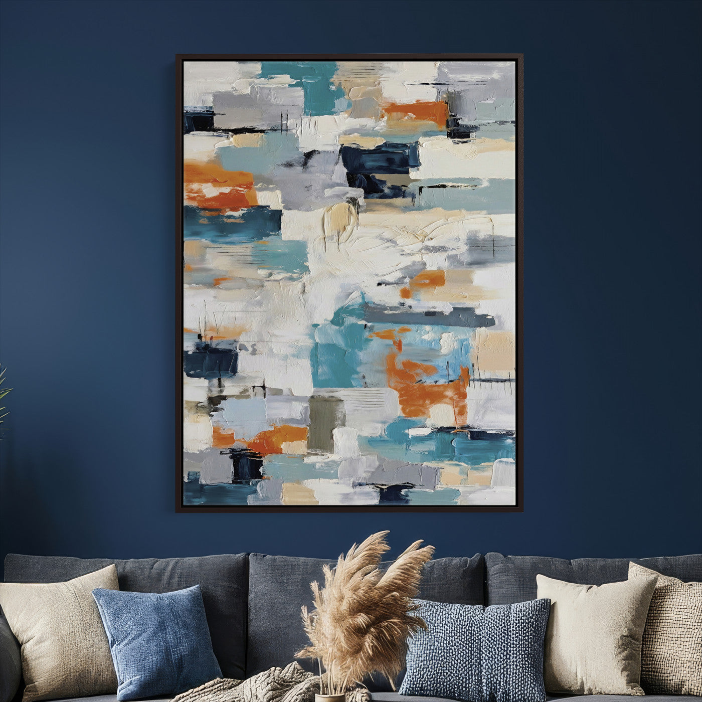 74742966-MGV-CV-24X36 - Blue Teal Abstract Canvas Wall Art, Modern Textured Painting Print, Navy Orange White Contemporary Art, Neutral Living Room Decor, Office Art