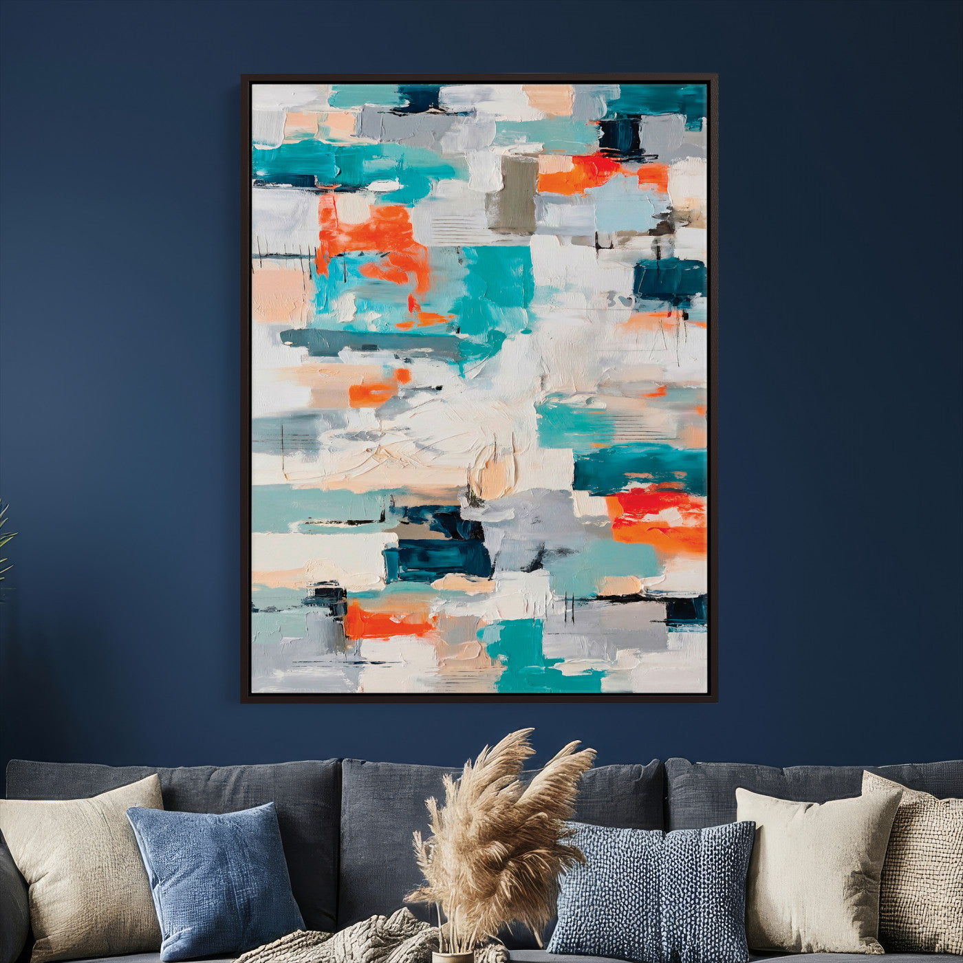 74742966-MGV-CV-24X36 - Blue Teal Abstract Canvas Wall Art - Modern Textured Painting Print, Navy Orange White Contemporary Art, Neutral Living Room Decor, Office Art
