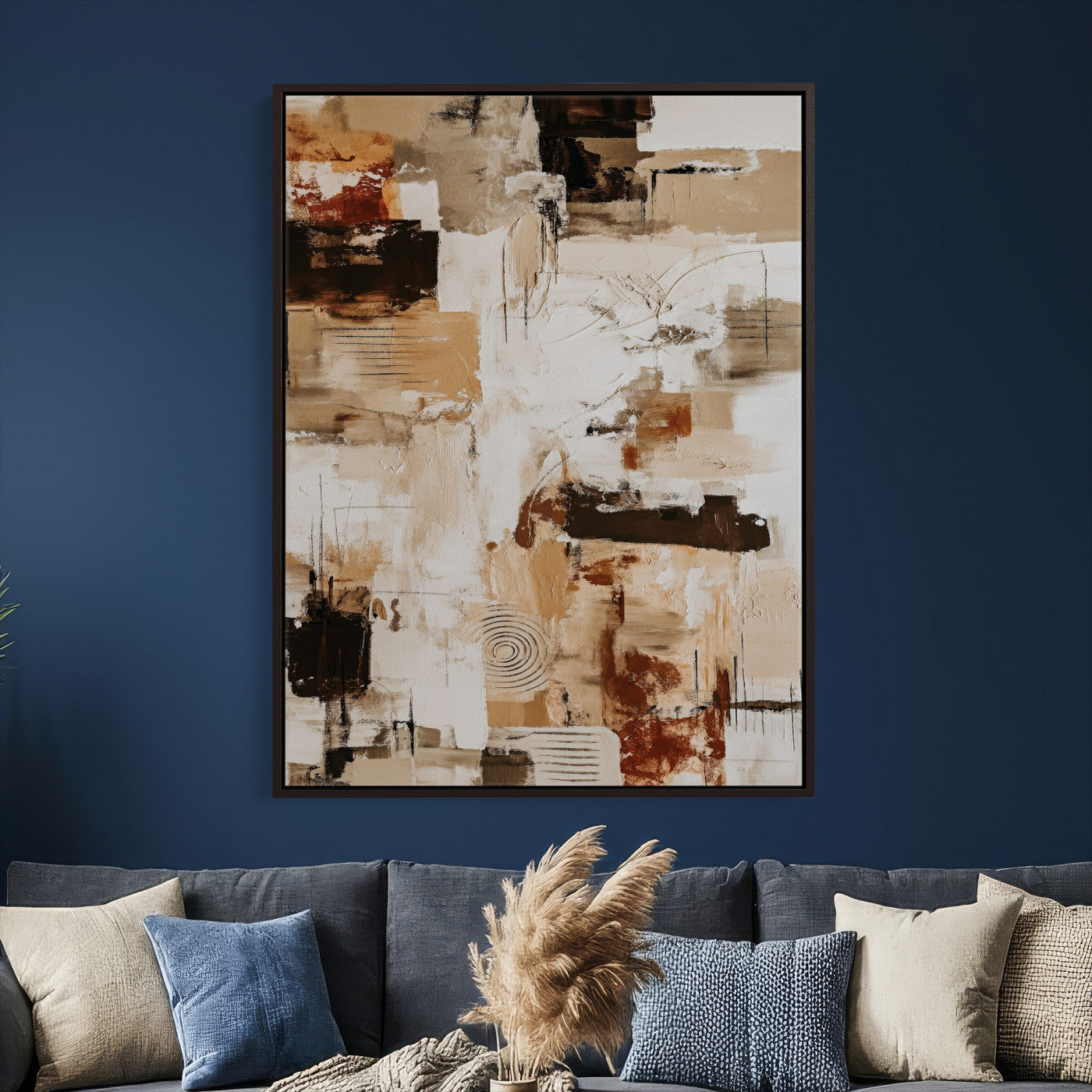 90644187-MGV-CV-24X36 - Blue Teal Abstract Canvas Wall Art | Modern Textured Painting Print, Navy Orange White Contemporary Art - Neutral Living Room Decor, Office Art