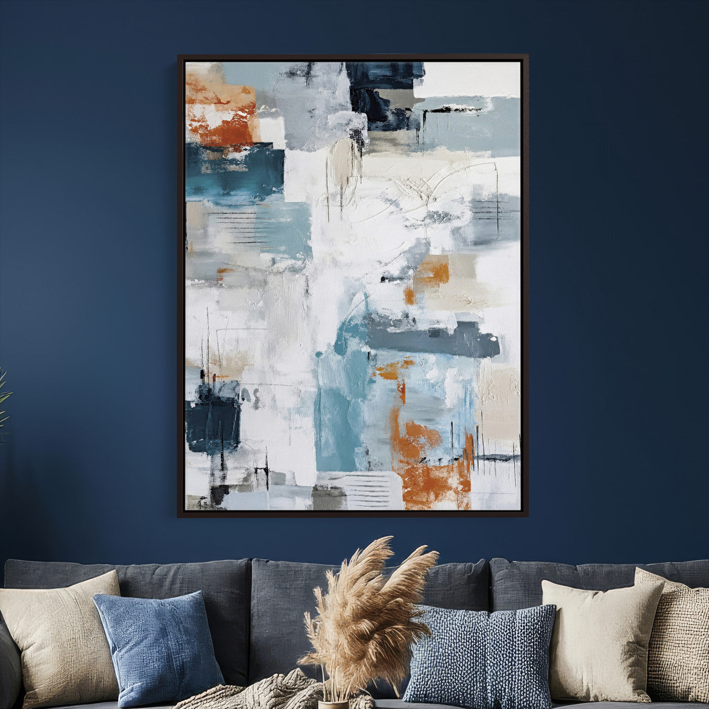 47011485-MGV-CV-24X36 - Blue Teal Abstract Canvas Wall Art, Modern Textured Painting Print, Navy Orange White Contemporary Art, Neutral Living Room Decor, Office Art