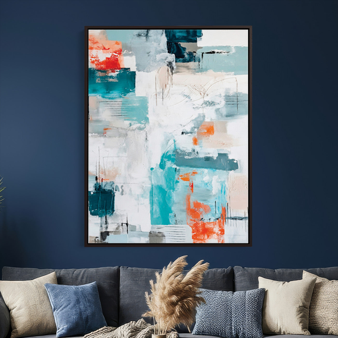 47011485-MGV-CV-24X36 - Blue Teal Abstract Canvas Wall Art, Modern Textured Painting Print, Navy Orange White Contemporary Art, Neutral Living Room Decor, Office Art