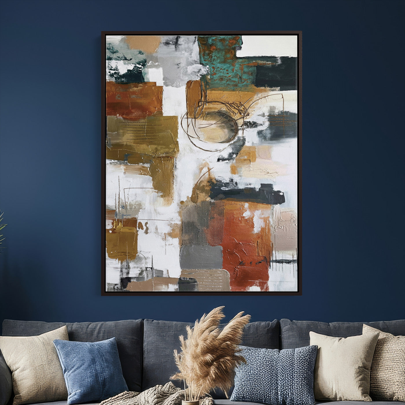 71530836-MGV-CV-24X36 - Blue Teal Abstract Canvas Wall Art, Modern Textured Painting Print, Navy Orange White Contemporary Art, Neutral Living Room Decor, Office Art