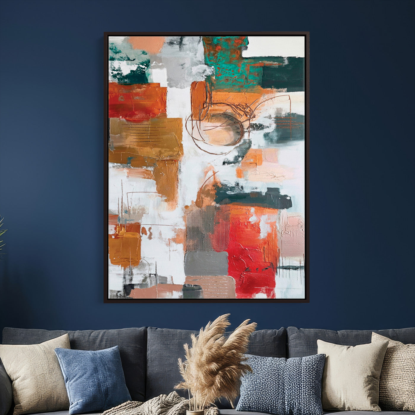 71530836-MGV-CV-24X36 - Blue Teal Abstract Canvas Wall Art | Modern Textured Painting Print, Navy Orange White Contemporary Art, Neutral Living Room Decor, Office Art