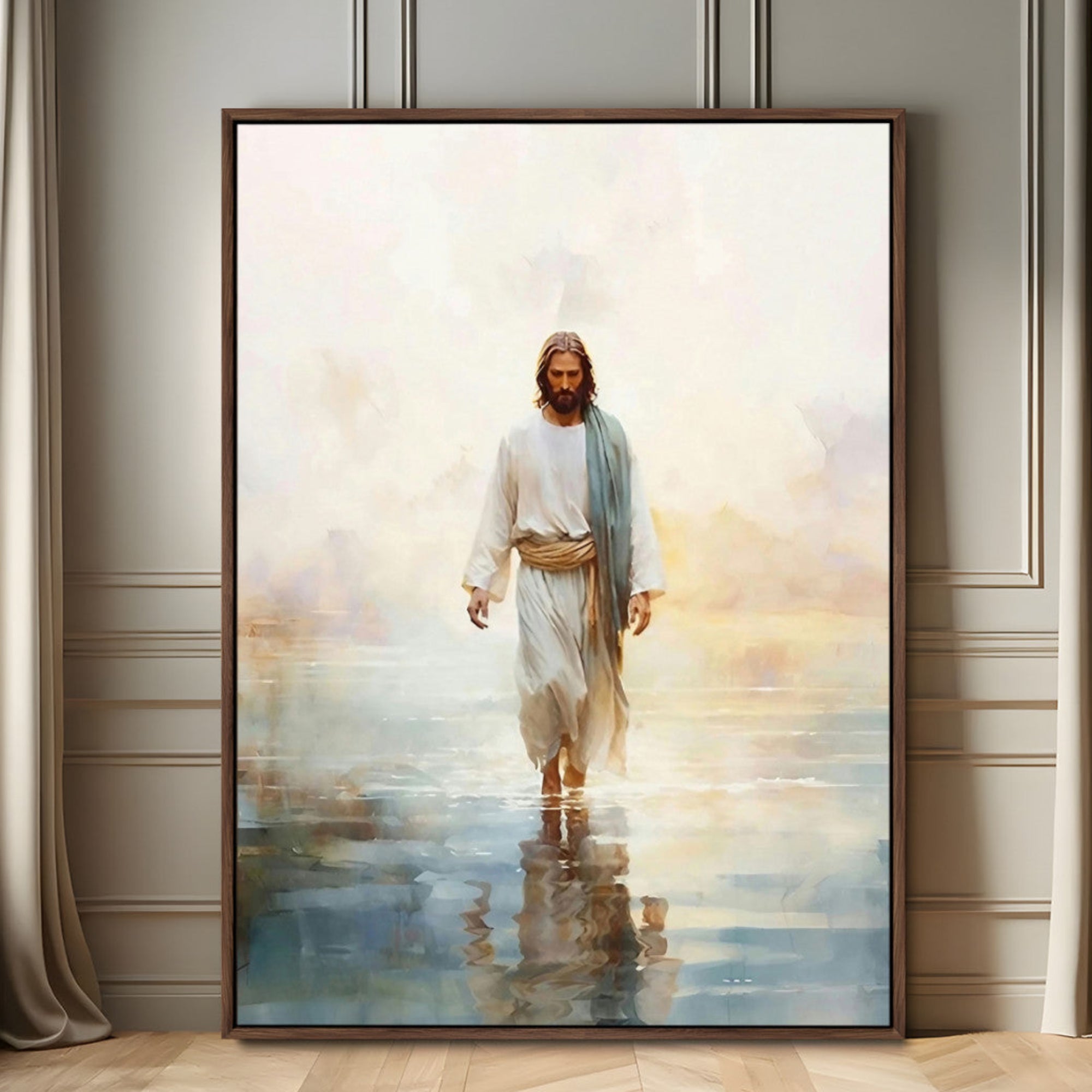 36026-MGV-FC-24X36_Walnut-Jesus Walking on Water Wall Art Canvas Print, Christian Wall Art Print, God Jesus Print
