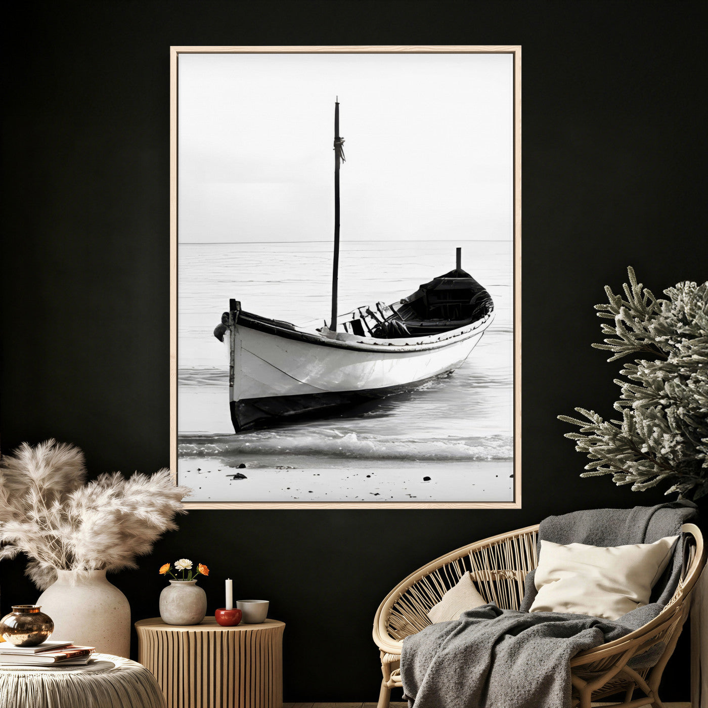 13080776-MGV-CV-24X36 - Minimal Boat Wall Art Canvas Print – Black and White Coastal Photography Artwork Print for Living Room, Bedroom, and Office Decor
