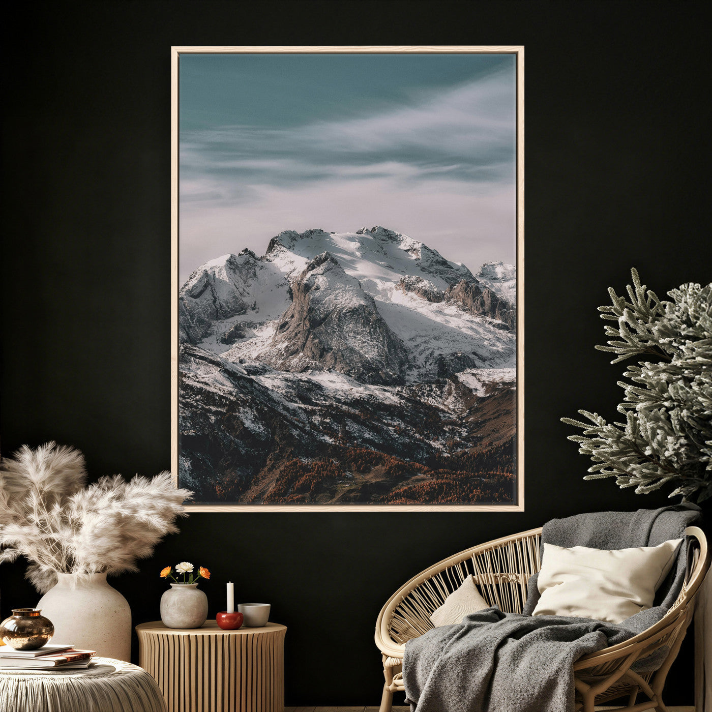 73655572-MGV-CV-24X36 - Alpine Mountain Landscape Wall Art Canvas Print, Snowy Peak Nature Wall Decor, Minimal Mountain Photography Canvas, Large Vertical Mountain Wall Art