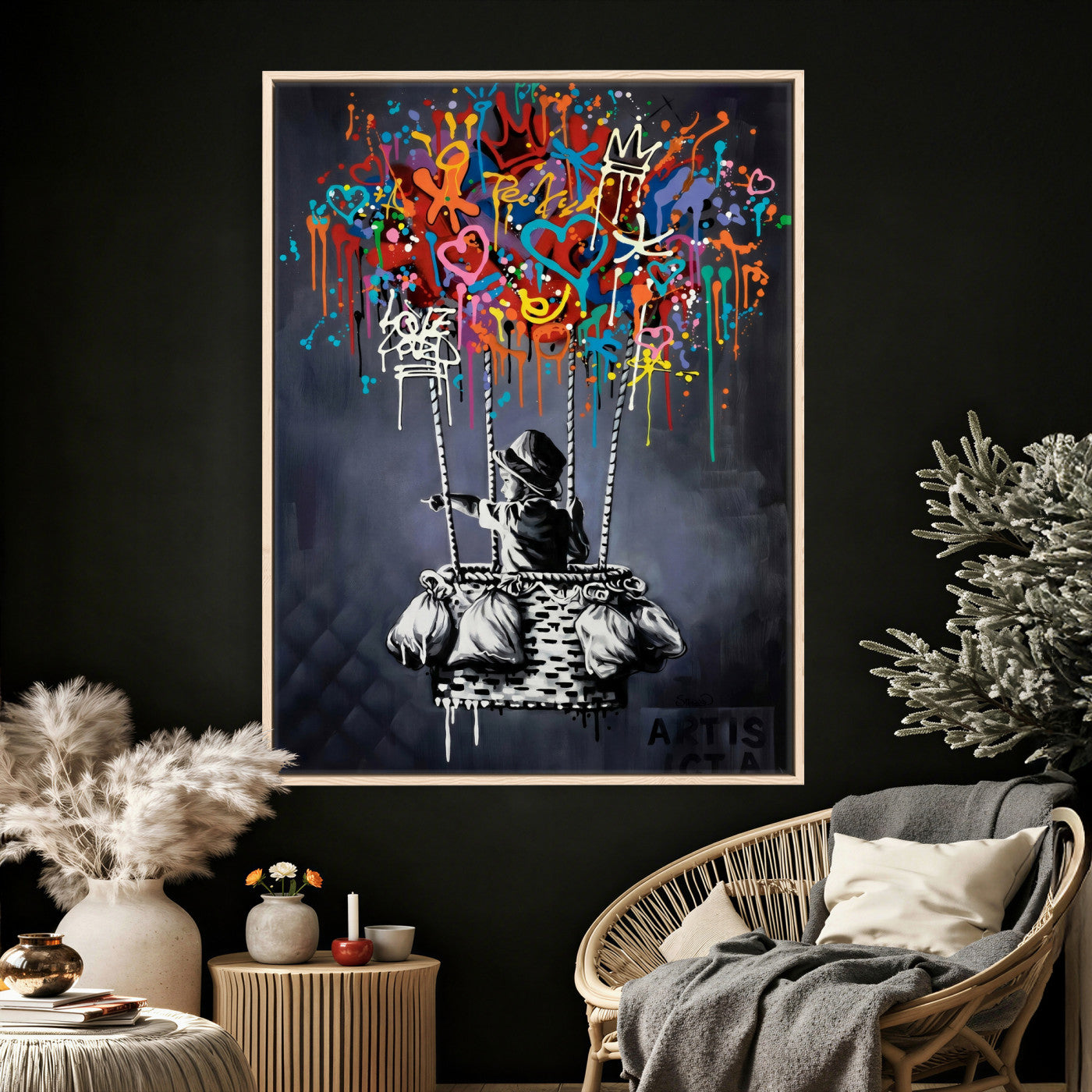 87352999-MGV-CV-24X36 - Banksy Inspired Boy Swing Wall Art Canvas Print, Graffiti Balloon Hearts Street Art, Colorful Urban Mural Artwork for Modern Living Room Decor