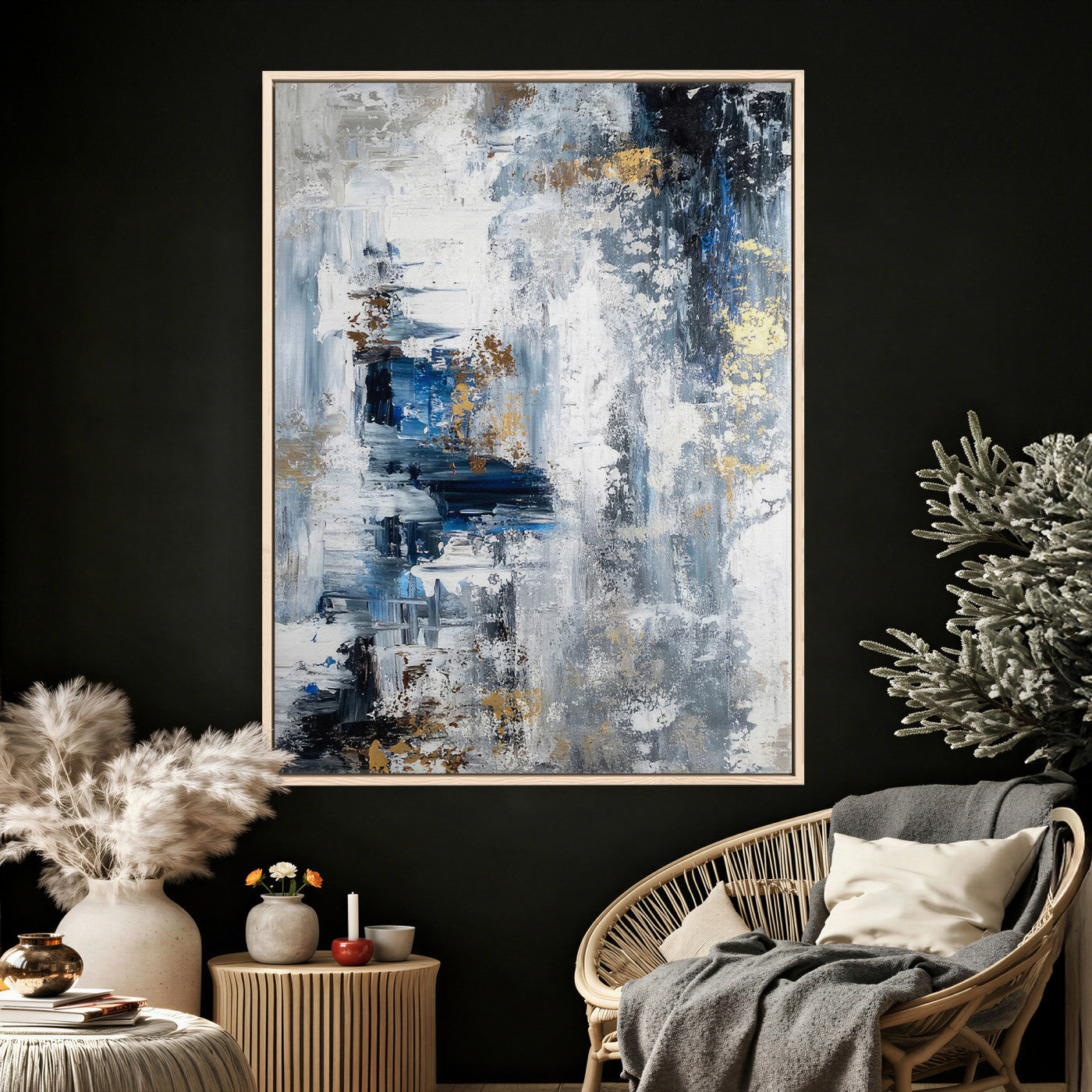 3962948988-MGV-CV-24X36 - Blue Abstract Wall Art Canvas Print, Gold Black Modern Architecture Canvas Print, Contemporary Moody City Artwork for Living Room Decor