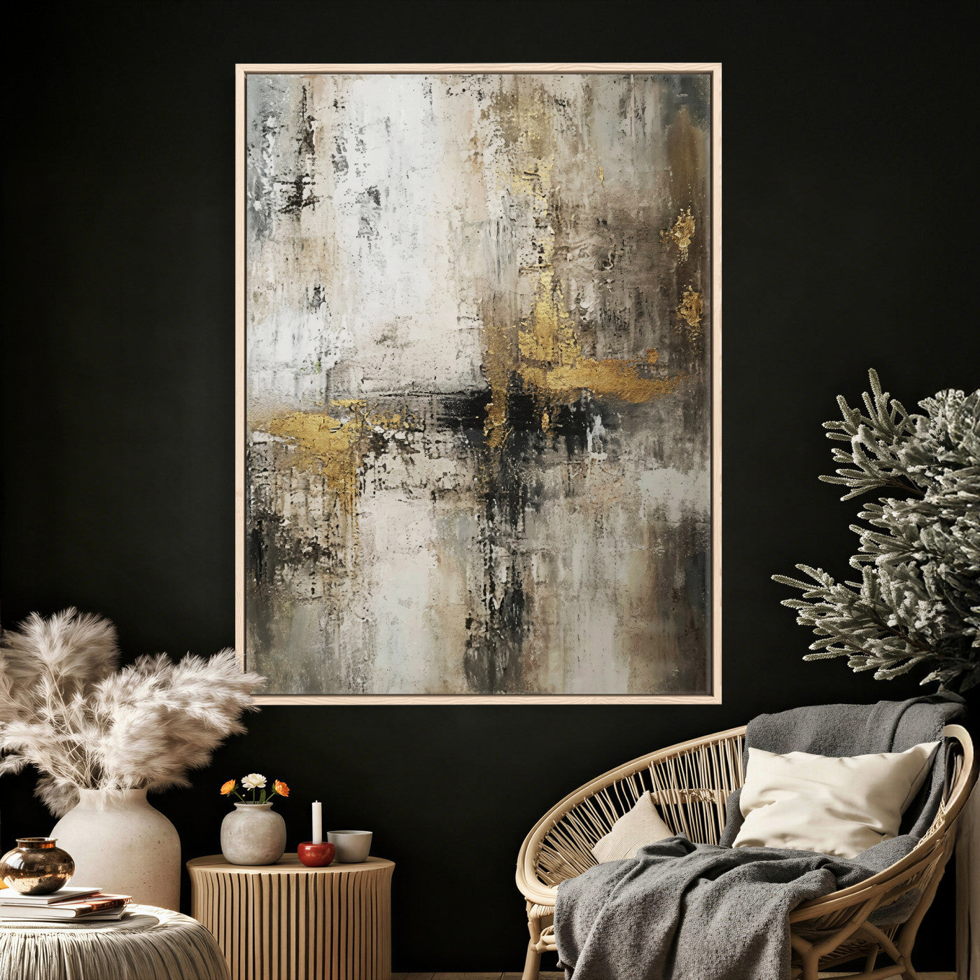 381262454-MGV-CV-24X36 - Framed Abstract Wall Art Canvas Print, Gold Black Modern Architecture Canvas Print, Contemporary Moody City Artwork for Living Room Decor